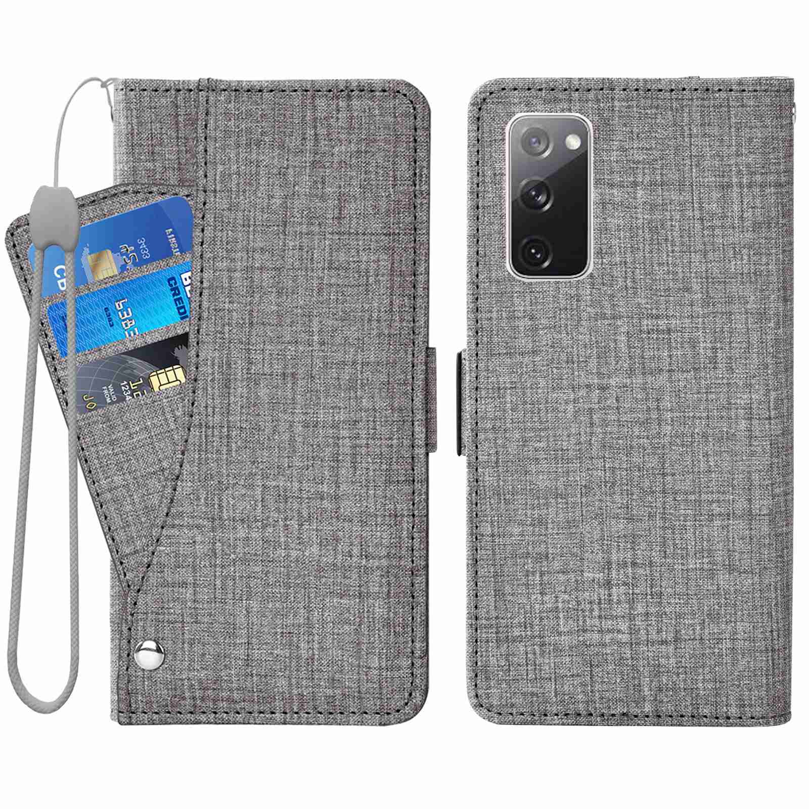 For Samsung Galaxy S20 FE / S20 FE 5G / S20 FE 2022 / S20 Lite Jean Cloth Texture PU Leather Wallet Stand Phone Case with Rotating Card Slot - Grey