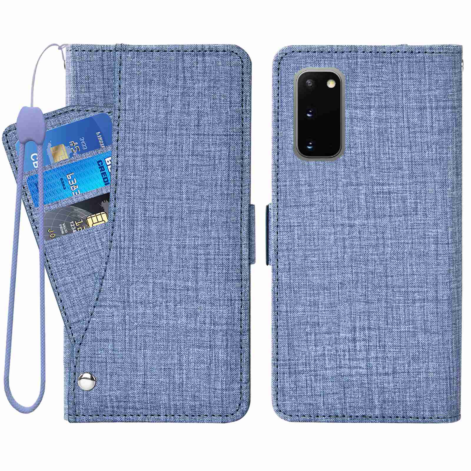 For Samsung Galaxy S20 4G / 5G Jean Cloth Texture Rotating Card Slot PU Leather Case Wallet Stand Phone Cover - Blue