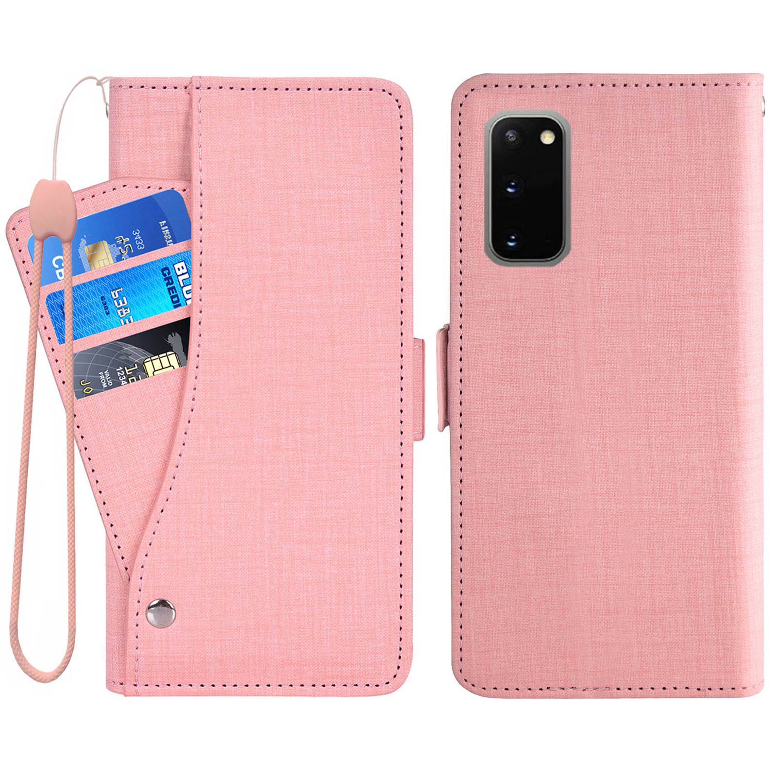 For Samsung Galaxy S20 4G / 5G Jean Cloth Texture Rotating Card Slot PU Leather Case Wallet Stand Phone Cover - Pink