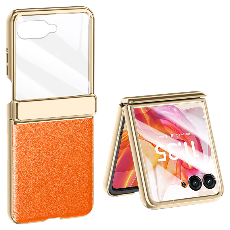 For Motorola Razr 50 Ultra 5G Case with Rear Small Screen Protector Hinge Protection Leather Back Cover Electroplated Edge - Orange