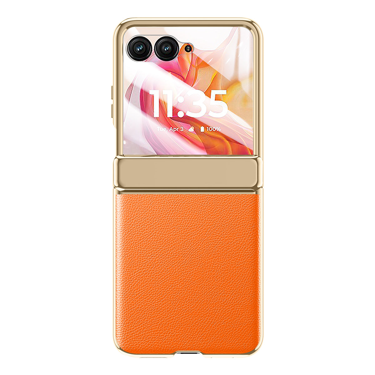 For Motorola Razr 50 Ultra 5G Case with Rear Small Screen Protector Hinge Protection Leather Back Cover Electroplated Edge - Orange