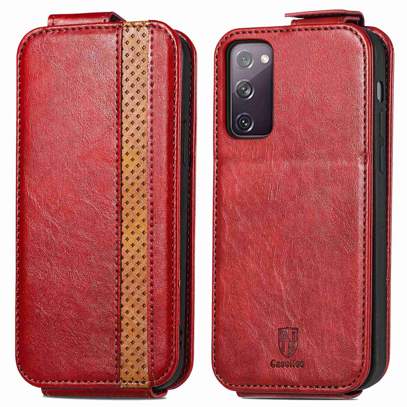 CASENEO 003 Series for Samsung Galaxy S20 FE 4G / FE 5G / S20 Lite / S20 FE 2022 Business Style Splicing Phone Drop-proof Case PU Leather Stand Vertical Flip Cover with Card Slots - Red