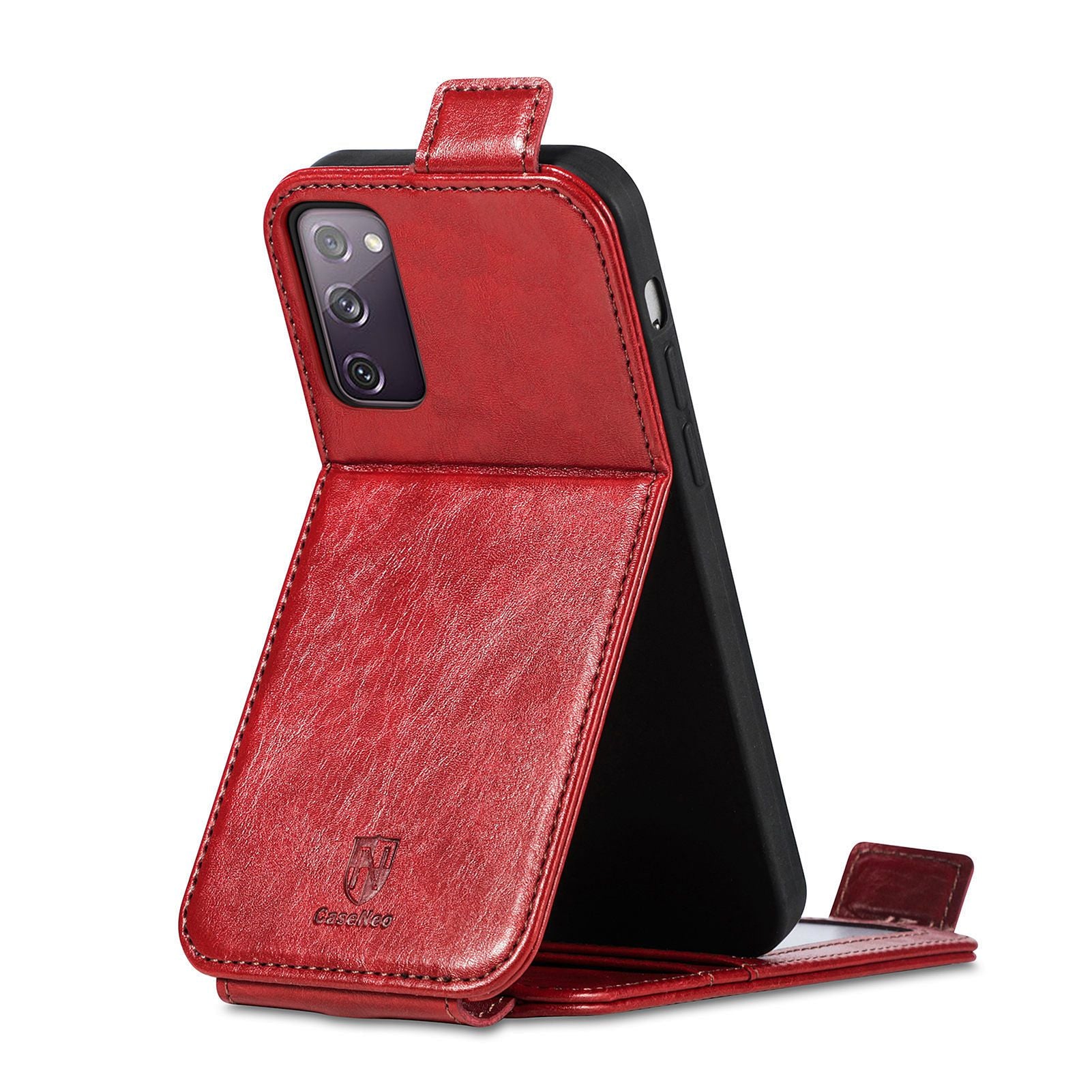 CASENEO 003 Series for Samsung Galaxy S20 FE 4G / FE 5G / S20 Lite / S20 FE 2022 Business Style Splicing Phone Drop-proof Case PU Leather Stand Vertical Flip Cover with Card Slots - Red