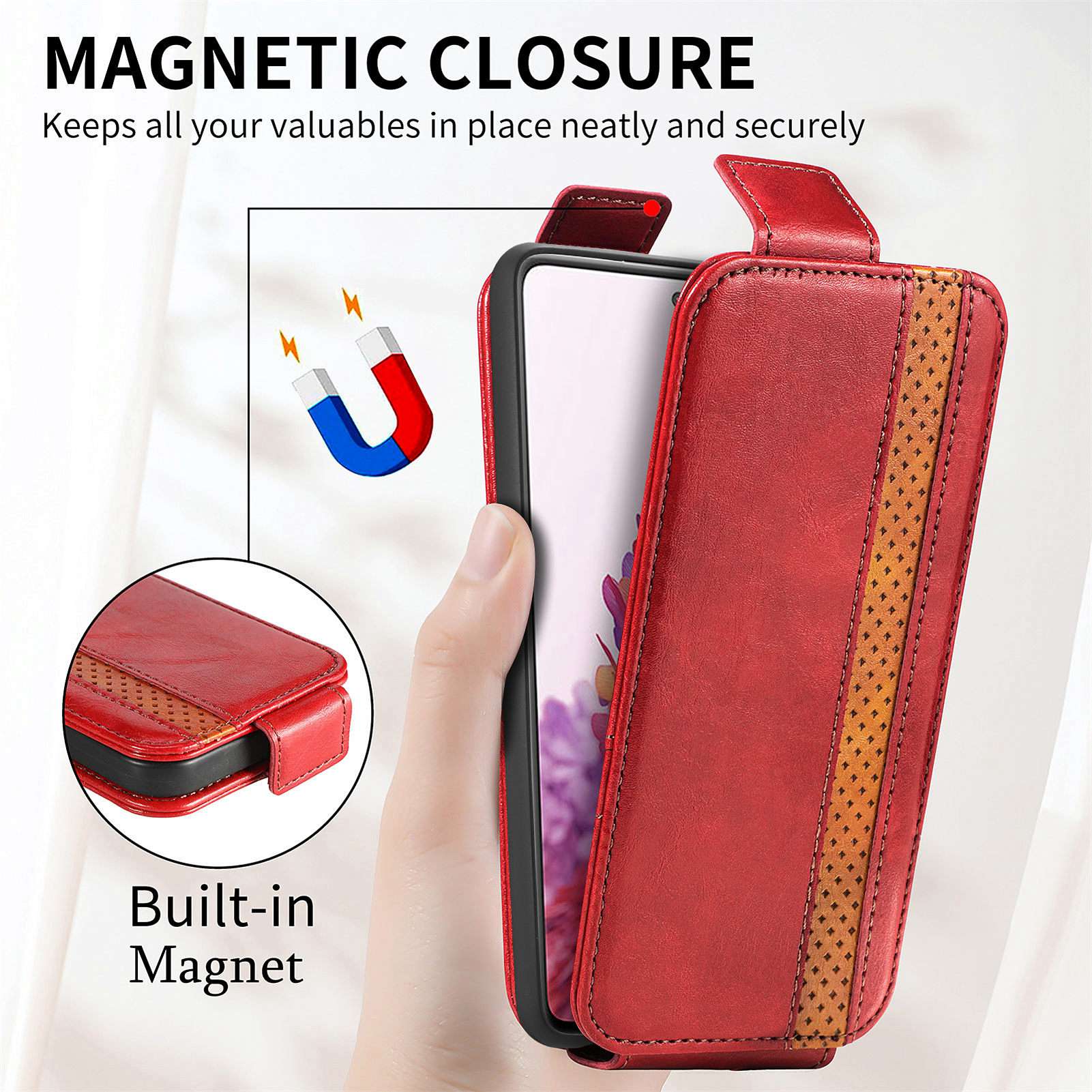 CASENEO 003 Series for Samsung Galaxy S20 FE 4G / FE 5G / S20 Lite / S20 FE 2022 Business Style Splicing Phone Drop-proof Case PU Leather Stand Vertical Flip Cover with Card Slots - Red