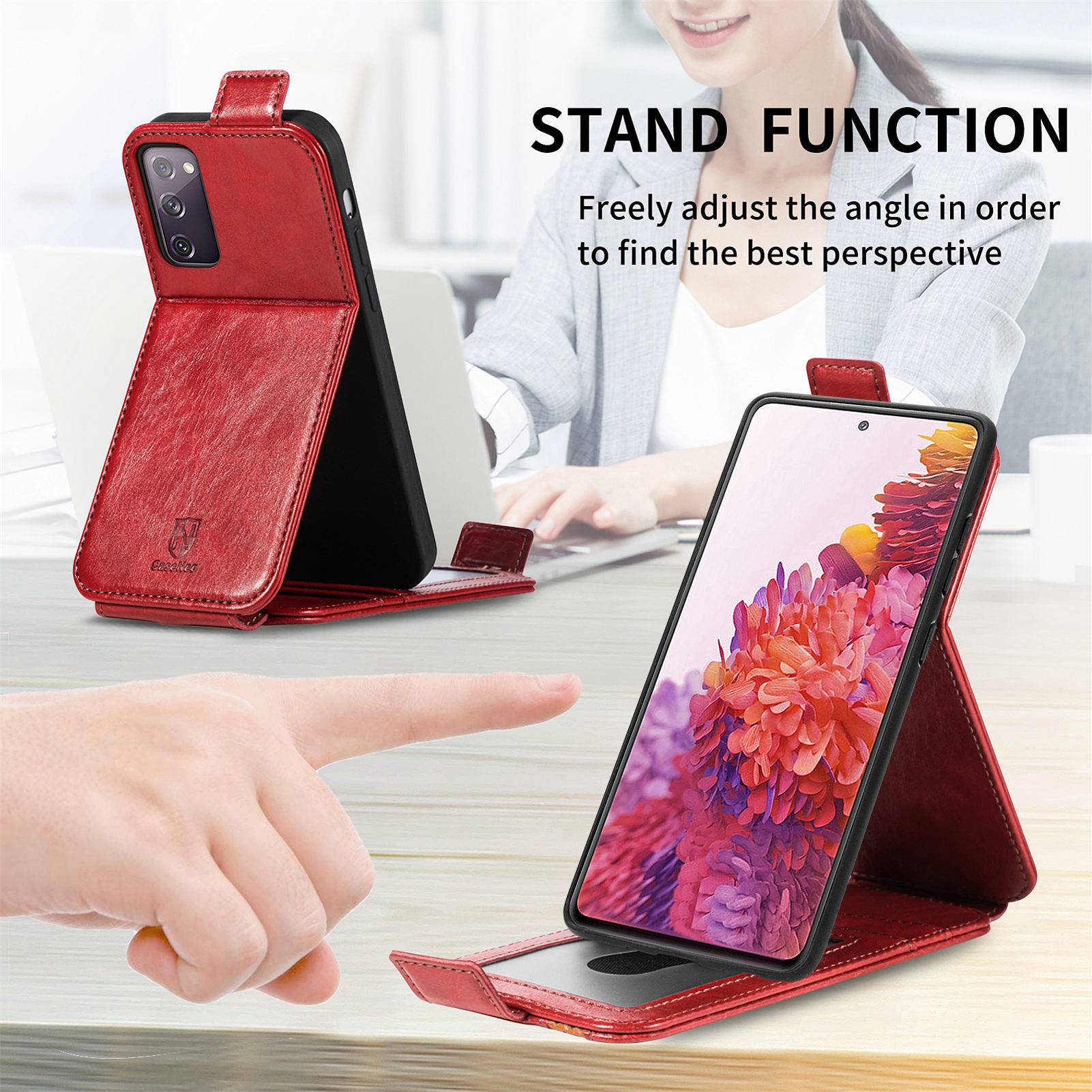 CASENEO 003 Series for Samsung Galaxy S20 FE 4G / FE 5G / S20 Lite / S20 FE 2022 Business Style Splicing Phone Drop-proof Case PU Leather Stand Vertical Flip Cover with Card Slots - Red