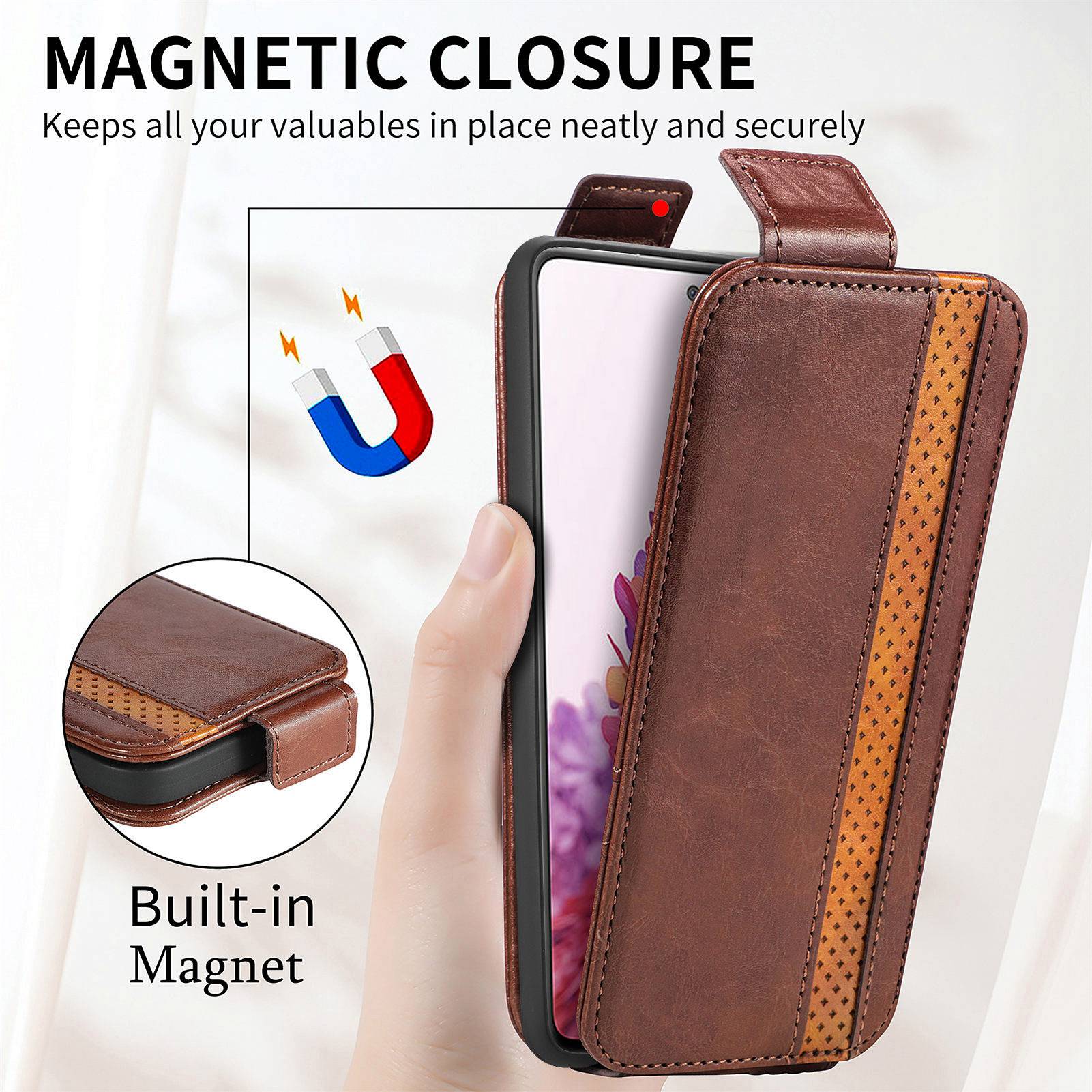 CASENEO 003 Series for Samsung Galaxy S20 FE 4G / FE 5G / S20 Lite / S20 FE 2022 Business Style Splicing Phone Drop-proof Case PU Leather Stand Vertical Flip Cover with Card Slots - Brown