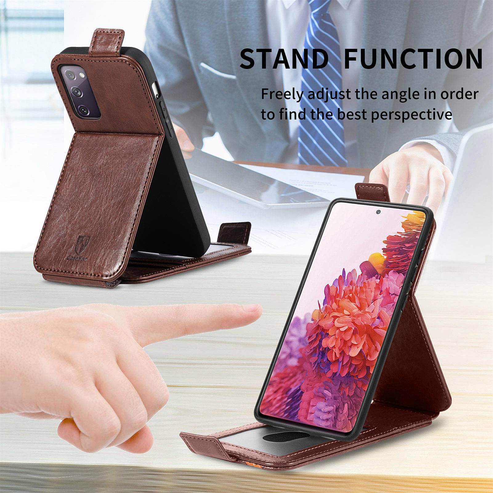 CASENEO 003 Series for Samsung Galaxy S20 FE 4G / FE 5G / S20 Lite / S20 FE 2022 Business Style Splicing Phone Drop-proof Case PU Leather Stand Vertical Flip Cover with Card Slots - Brown