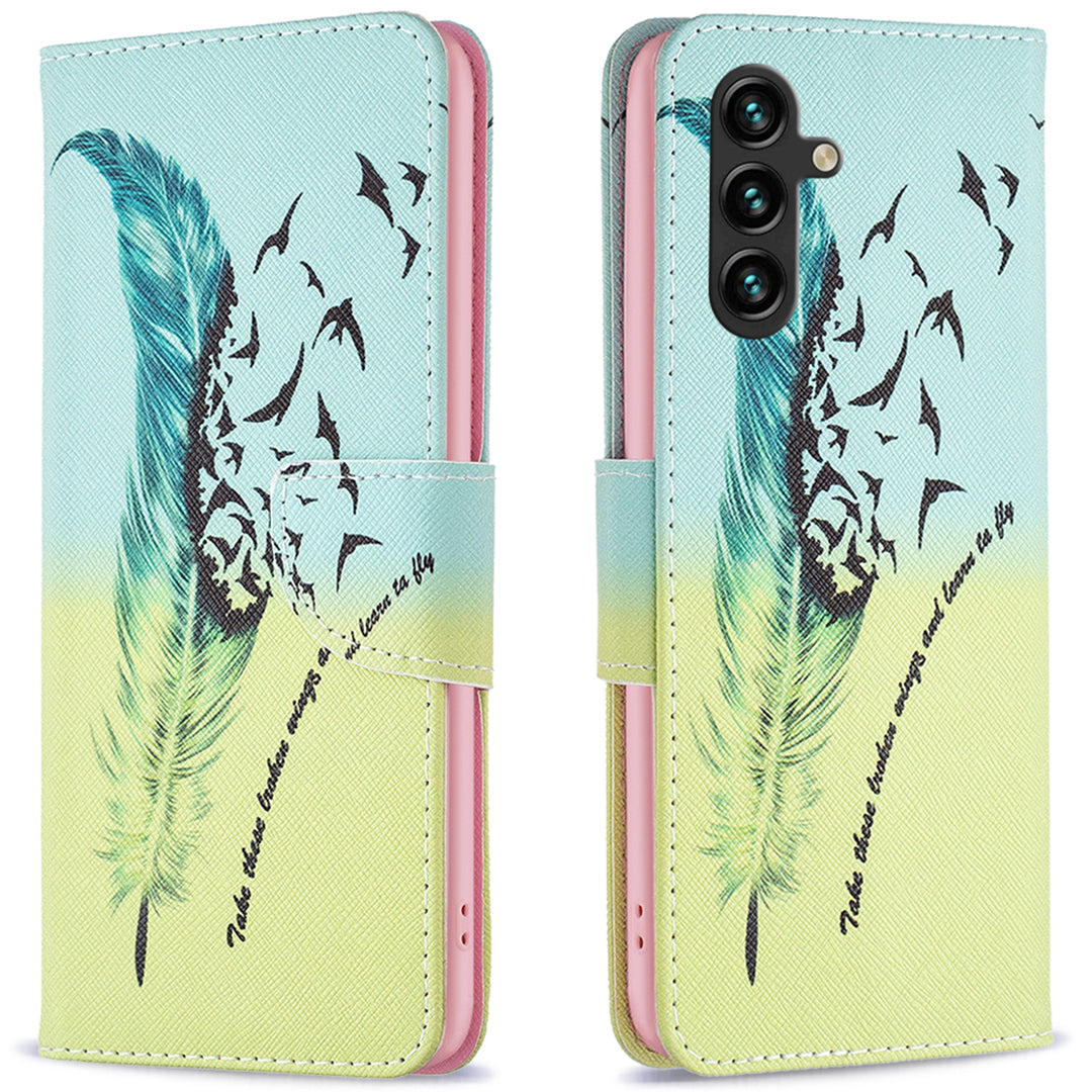 For Samsung Galaxy A16 5G / A16 4G Wallet Case Pattern Print Phone Leather Cover - Feather and Birds