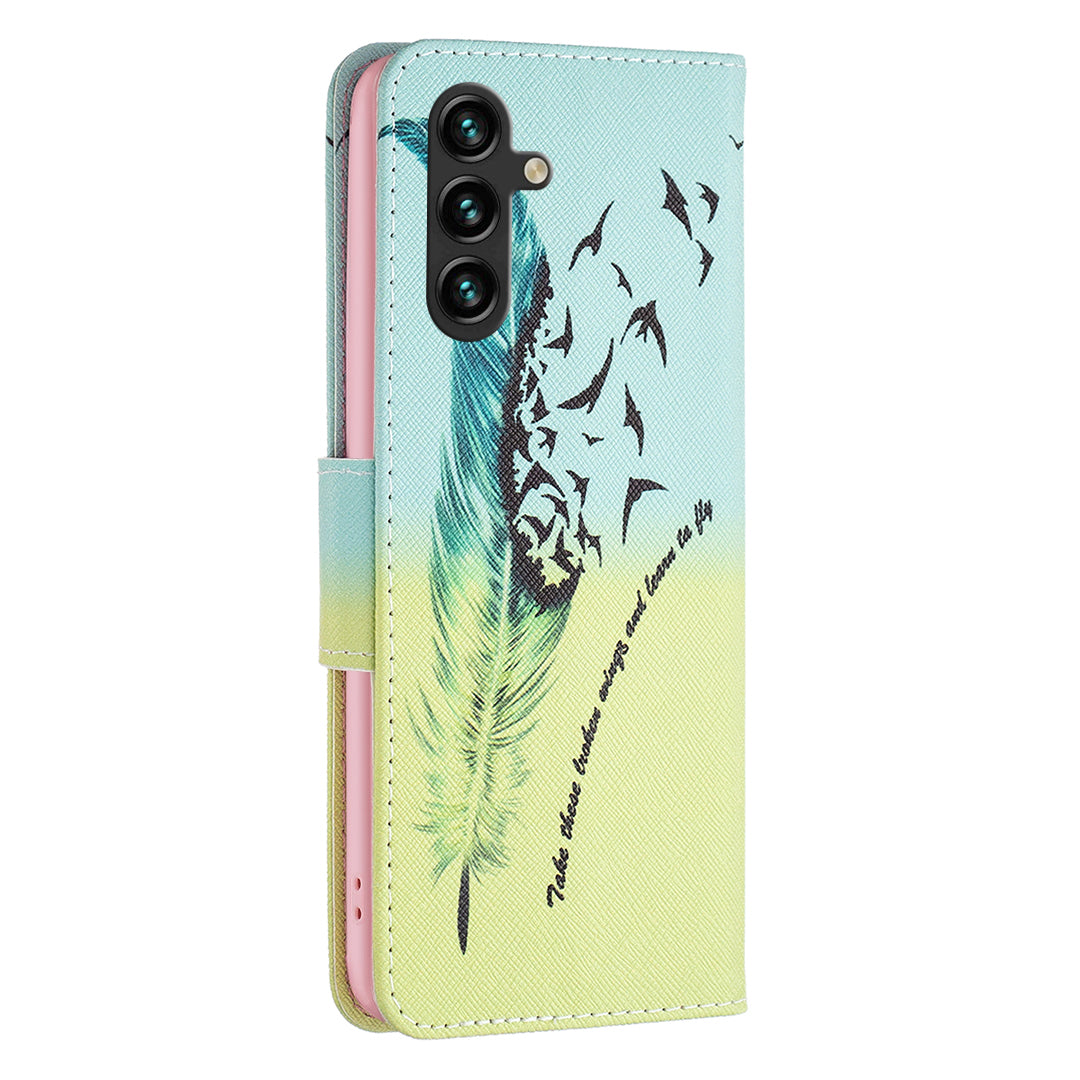 For Samsung Galaxy A16 5G / A16 4G Wallet Case Pattern Print Phone Leather Cover - Feather and Birds