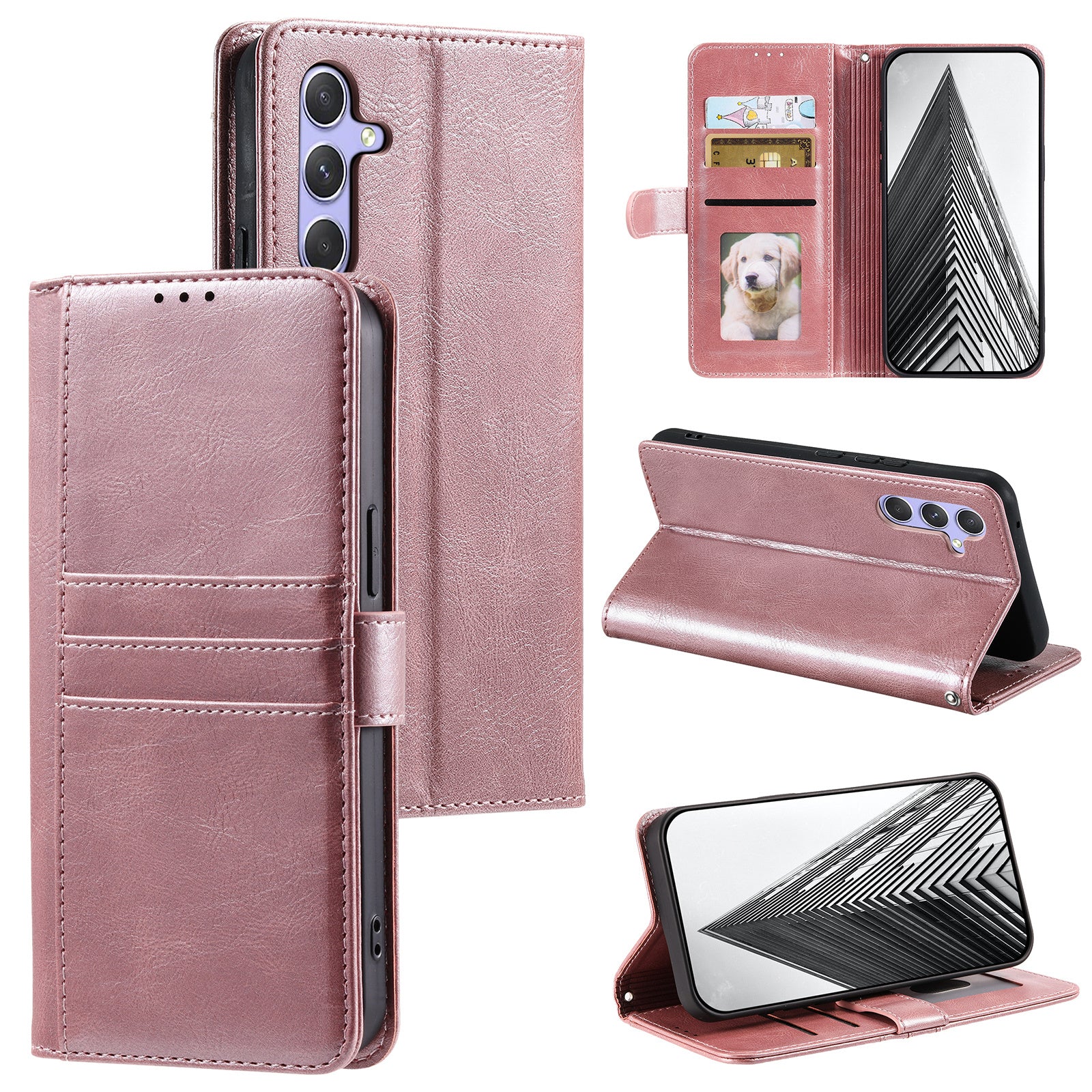 013 Style For Samsung Galaxy A16 5G / A16 4G Case Anti-Fall PU Leather Phone Cover with 6 Card Slots - Rose Gold