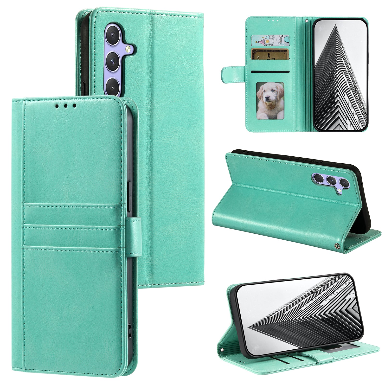 013 Style For Samsung Galaxy A16 5G / A16 4G Case Anti-Fall PU Leather Phone Cover with 6 Card Slots - Mint Green