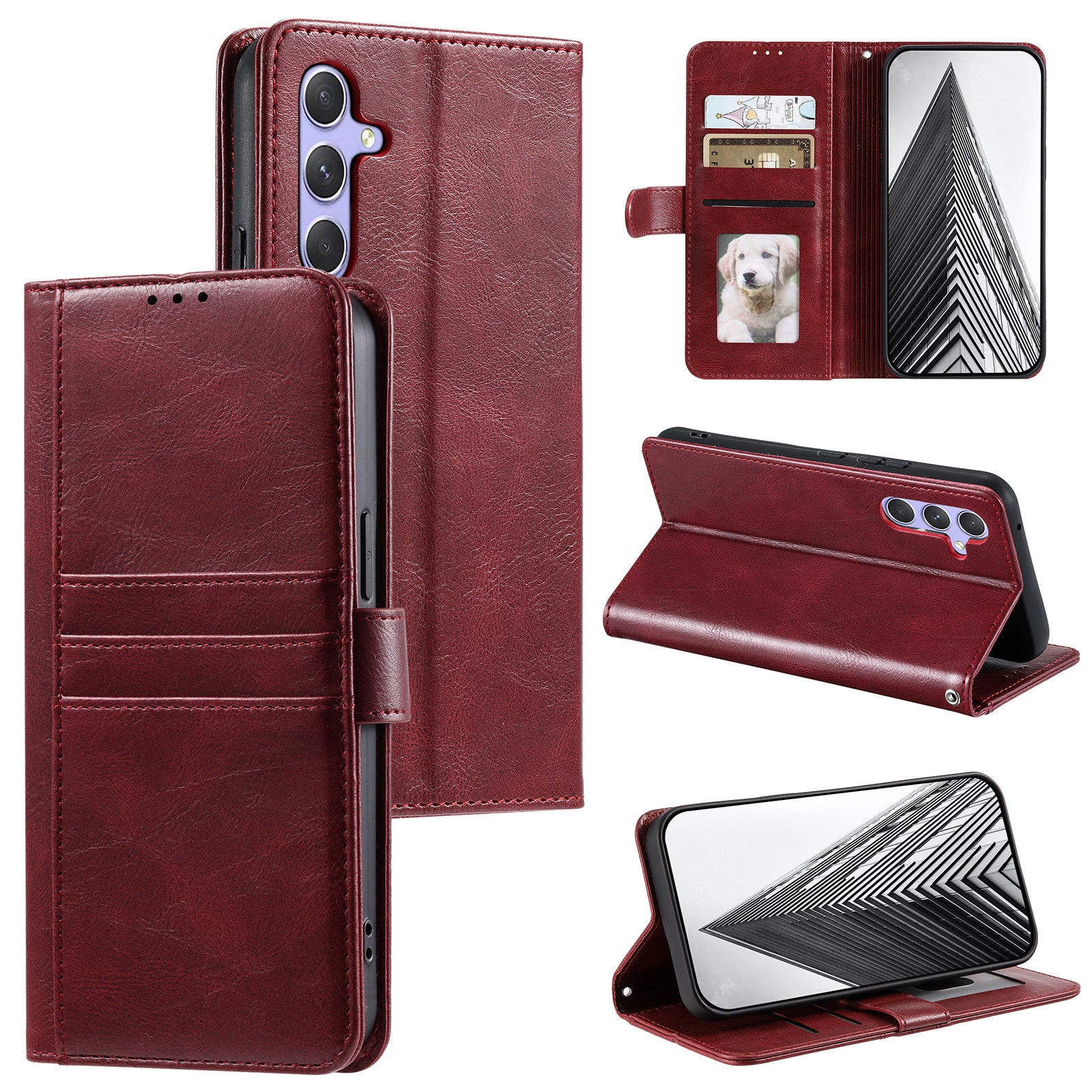 013 Style For Samsung Galaxy A16 5G / A16 4G Case Anti-Fall PU Leather Phone Cover with 6 Card Slots - Wine Red