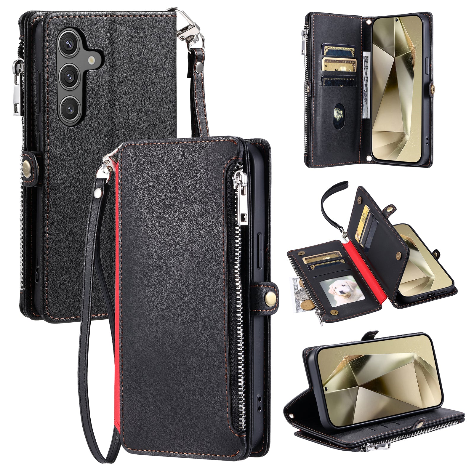 015 Style For Samsung Galaxy A16 5G / A16 4G Case TPU+PU Leather Wallet Phone Cover with Straps - Black