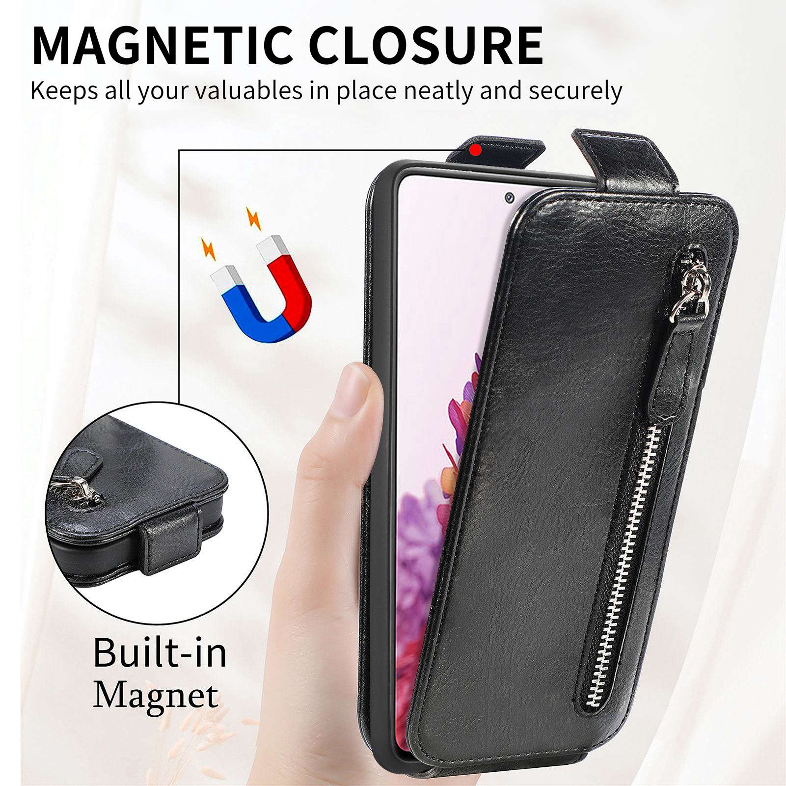 For Samsung Galaxy S20 FE / S20 FE 5G / S20 FE 2022 / S20 Lite Vertical Flip Zipper Wallet Phone Case PU Leather Stand Cover - Black