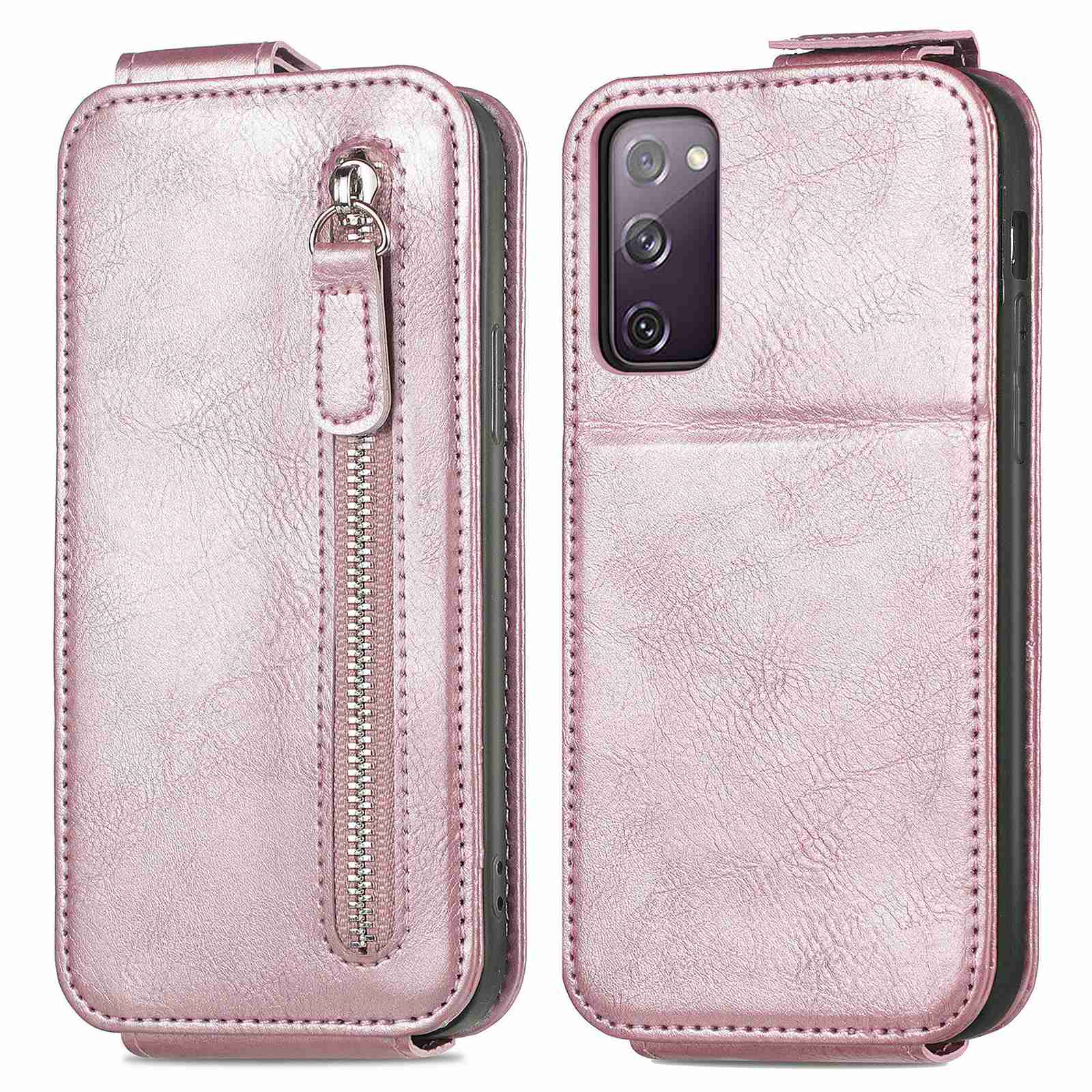 For Samsung Galaxy S20 FE / S20 FE 5G / S20 FE 2022 / S20 Lite Vertical Flip Zipper Wallet Phone Case PU Leather Stand Cover - Rose Gold