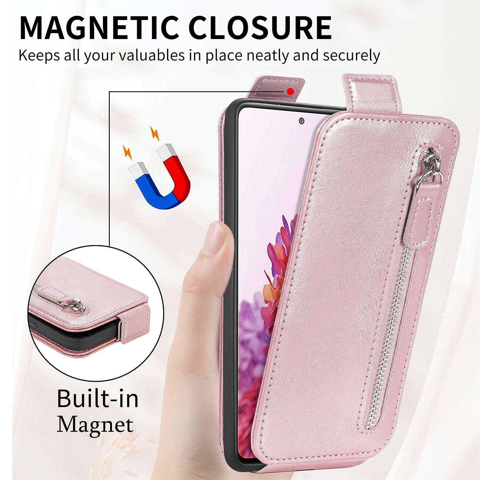 For Samsung Galaxy S20 FE / S20 FE 5G / S20 FE 2022 / S20 Lite Vertical Flip Zipper Wallet Phone Case PU Leather Stand Cover - Rose Gold