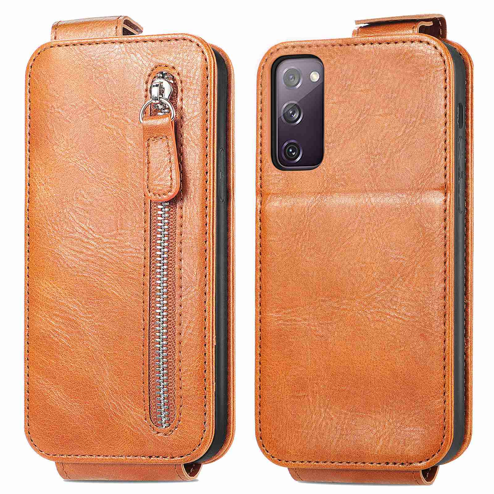 For Samsung Galaxy S20 FE / S20 FE 5G / S20 FE 2022 / S20 Lite Vertical Flip Zipper Wallet Phone Case PU Leather Stand Cover - Brown