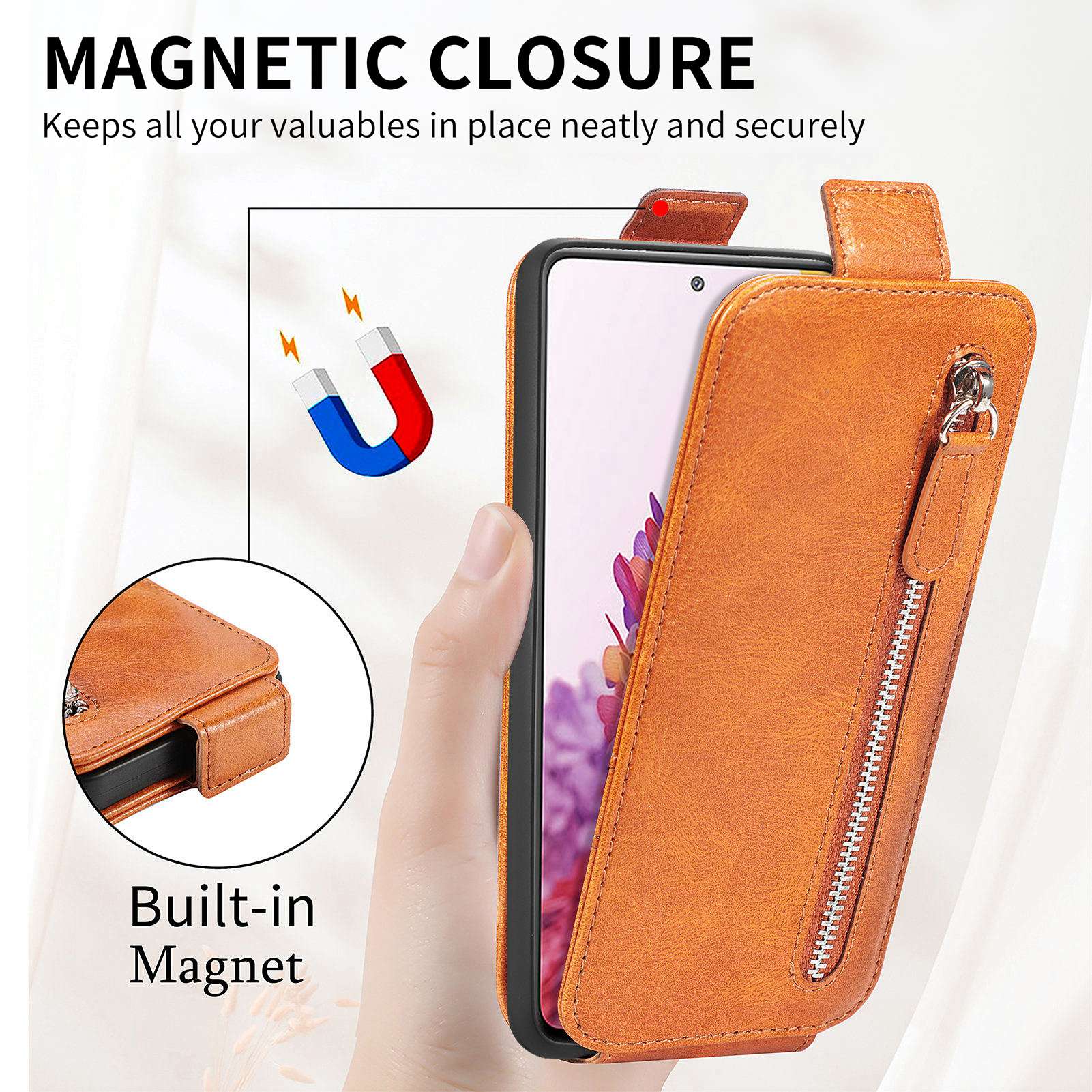 For Samsung Galaxy S20 FE / S20 FE 5G / S20 FE 2022 / S20 Lite Vertical Flip Zipper Wallet Phone Case PU Leather Stand Cover - Brown