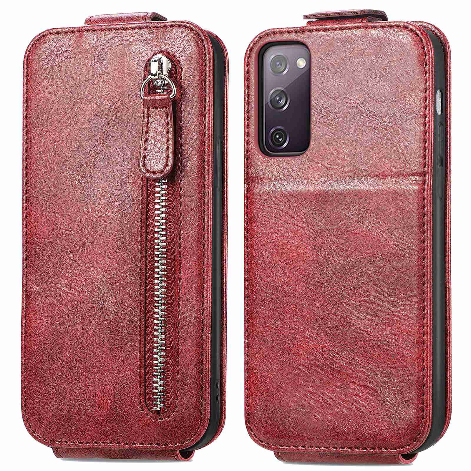 For Samsung Galaxy S20 FE / S20 FE 5G / S20 FE 2022 / S20 Lite Vertical Flip Zipper Wallet Phone Case PU Leather Stand Cover - Red