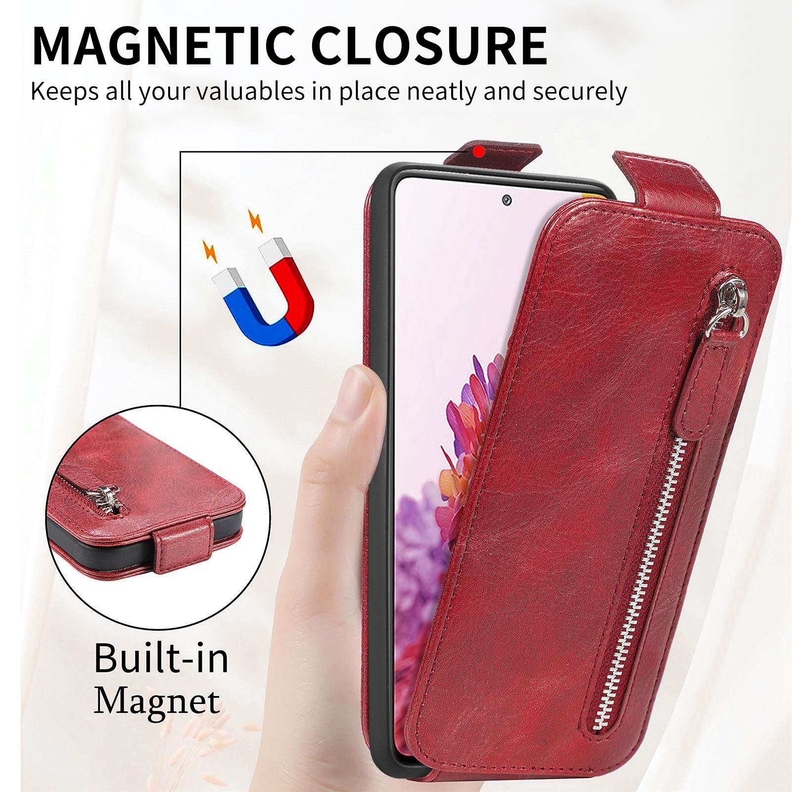 For Samsung Galaxy S20 FE / S20 FE 5G / S20 FE 2022 / S20 Lite Vertical Flip Zipper Wallet Phone Case PU Leather Stand Cover - Red