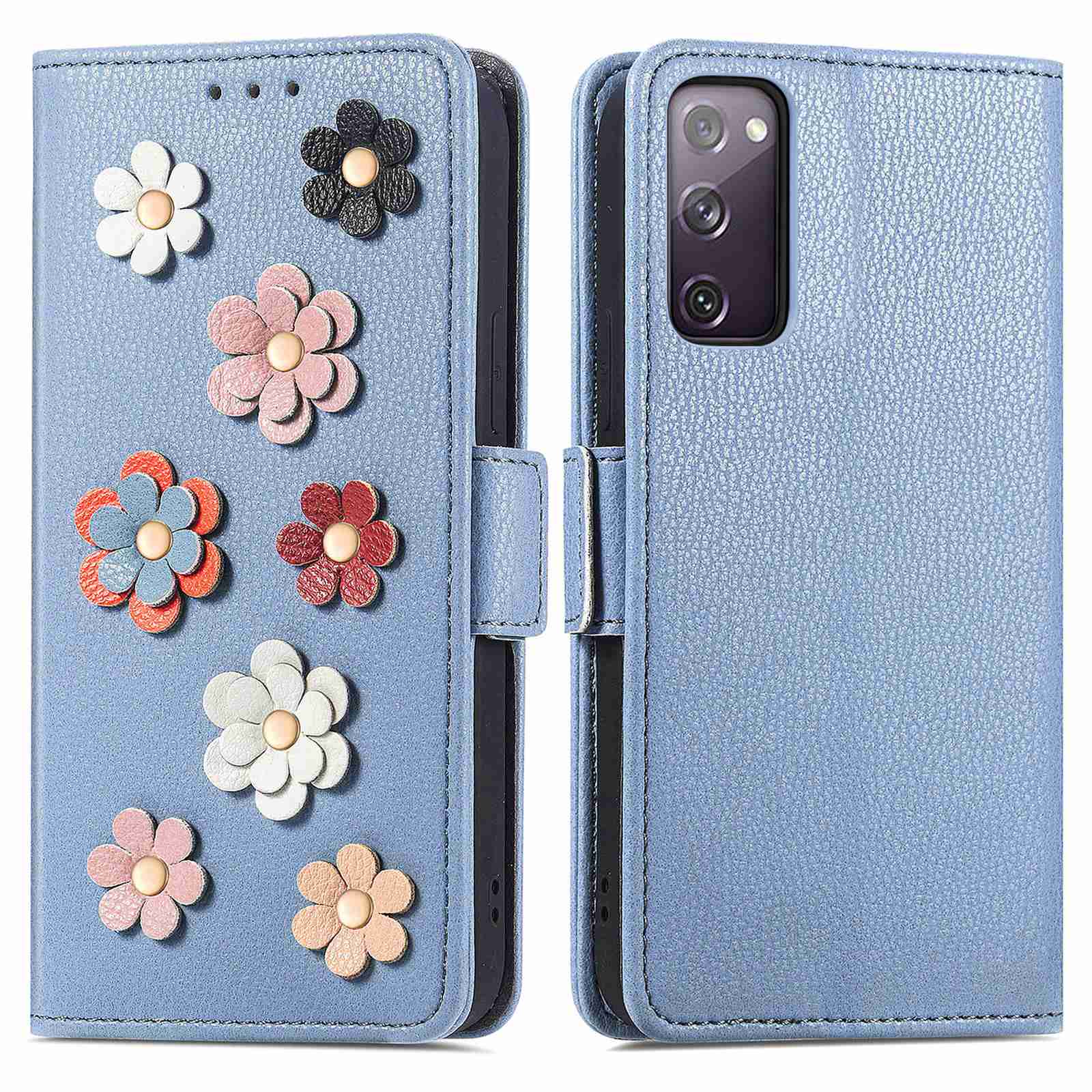 For Samsung Galaxy S20 FE 4G / FE 5G / S20 Lite / S20 FE 2022 Impact Resistant PU Leather Stand Wallet 3D Flower Decor Phone Case Magnetic Clasp Inner TPU Cover - Blue