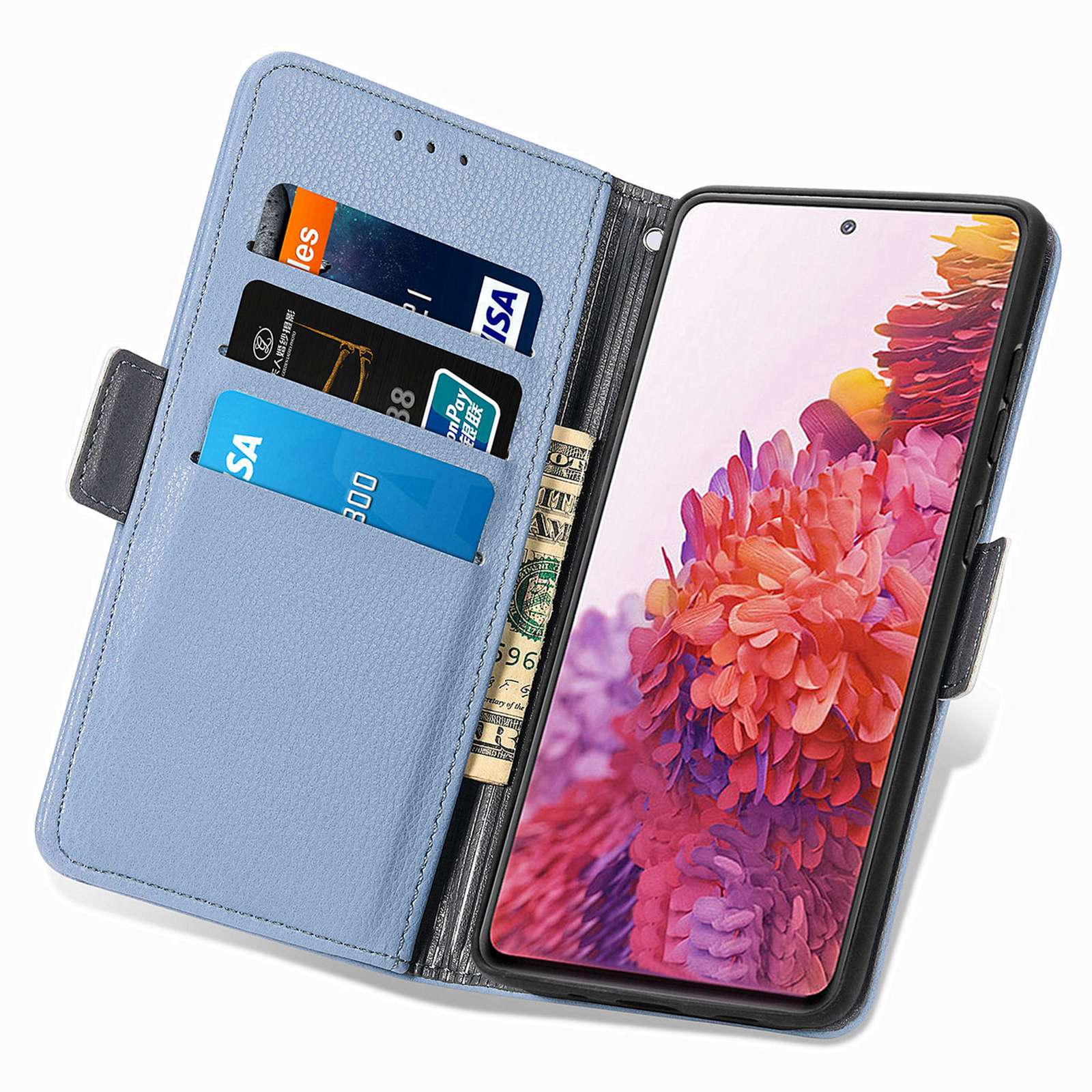 For Samsung Galaxy S20 FE 4G / FE 5G / S20 Lite / S20 FE 2022 Impact Resistant PU Leather Stand Wallet 3D Flower Decor Phone Case Magnetic Clasp Inner TPU Cover - Blue