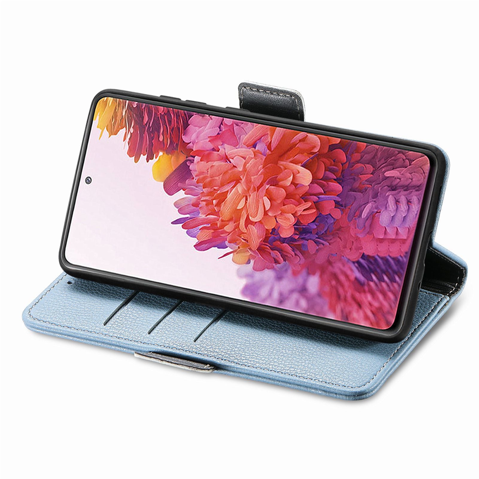 For Samsung Galaxy S20 FE 4G / FE 5G / S20 Lite / S20 FE 2022 Impact Resistant PU Leather Stand Wallet 3D Flower Decor Phone Case Magnetic Clasp Inner TPU Cover - Blue