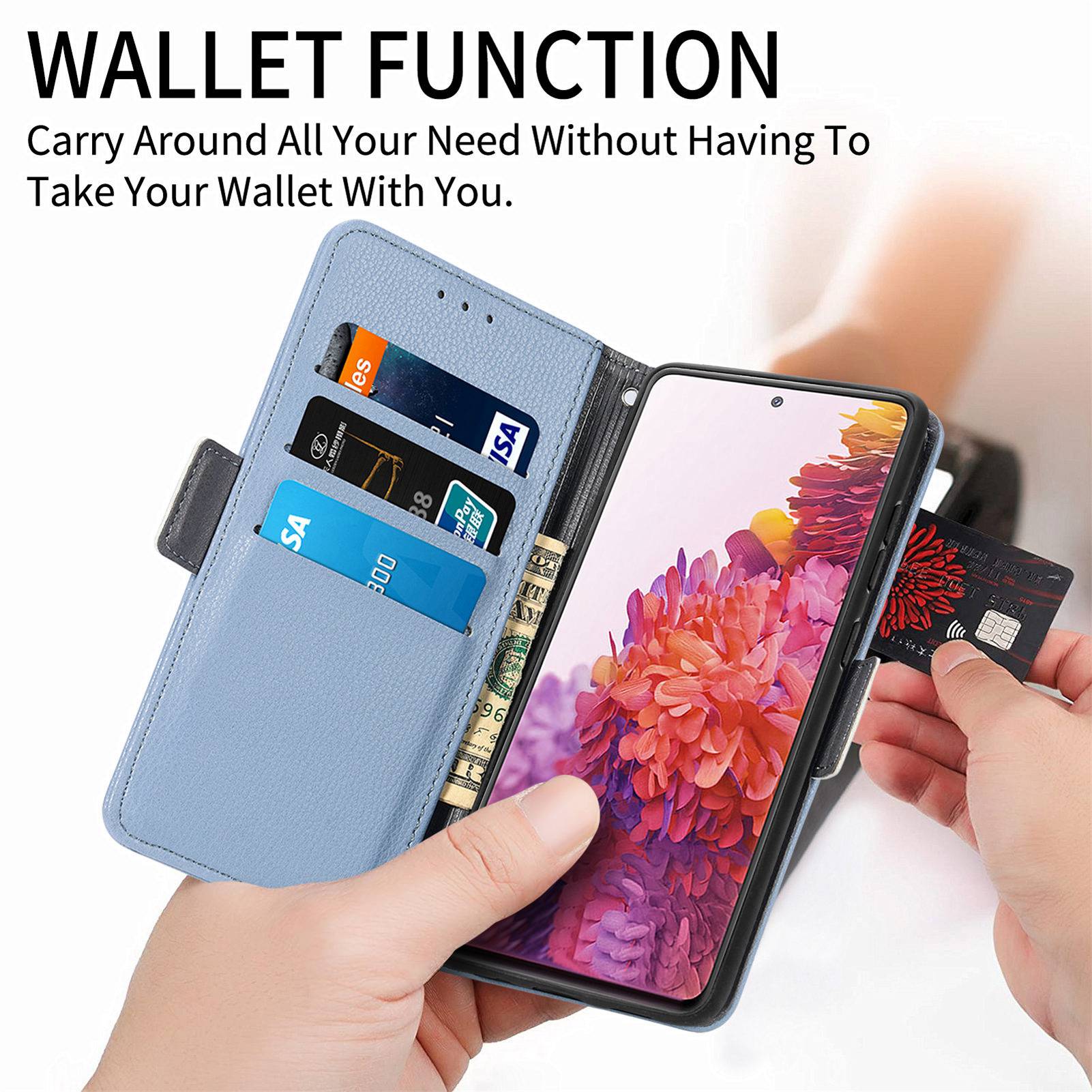 For Samsung Galaxy S20 FE 4G / FE 5G / S20 Lite / S20 FE 2022 Impact Resistant PU Leather Stand Wallet 3D Flower Decor Phone Case Magnetic Clasp Inner TPU Cover - Blue