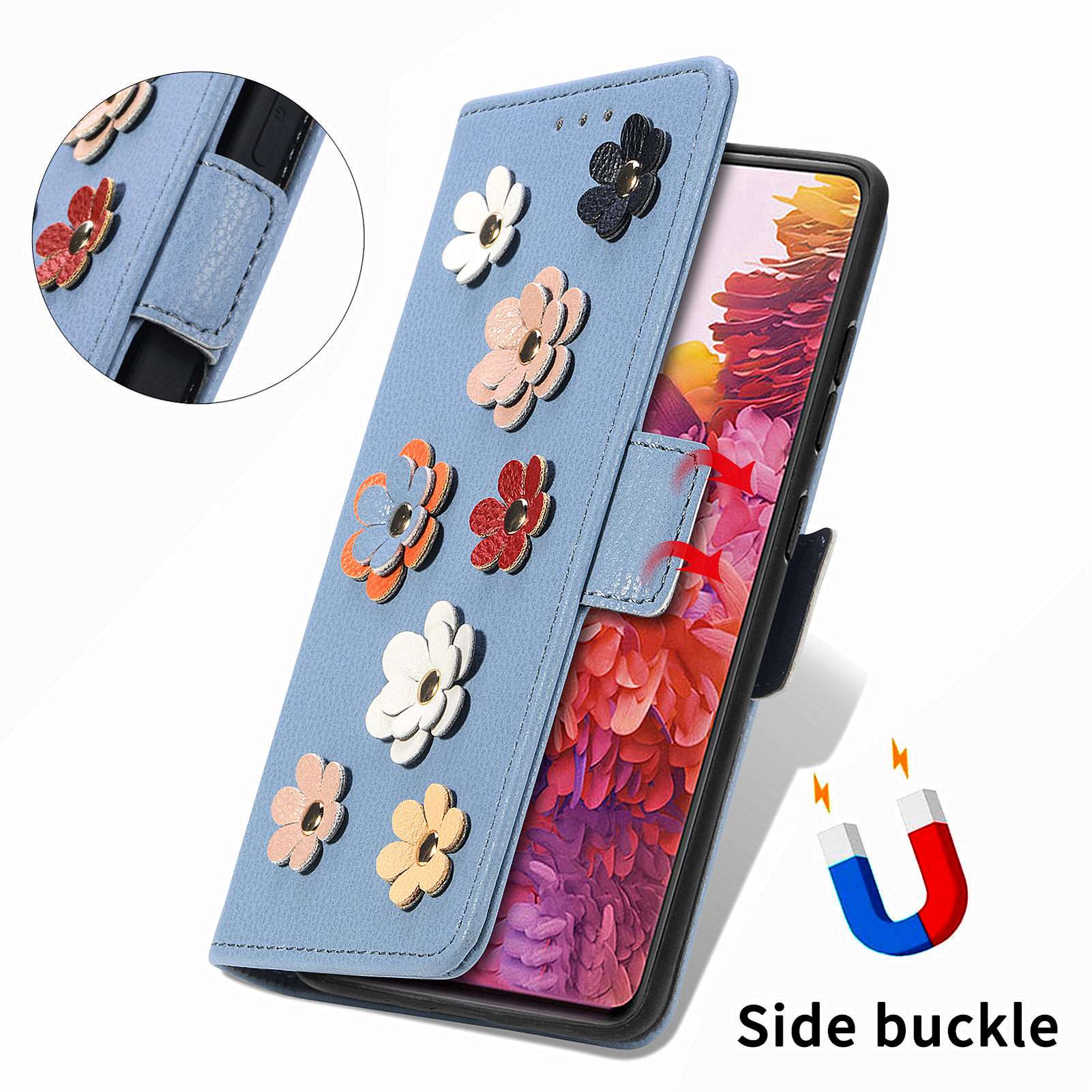 For Samsung Galaxy S20 FE 4G / FE 5G / S20 Lite / S20 FE 2022 Impact Resistant PU Leather Stand Wallet 3D Flower Decor Phone Case Magnetic Clasp Inner TPU Cover - Blue