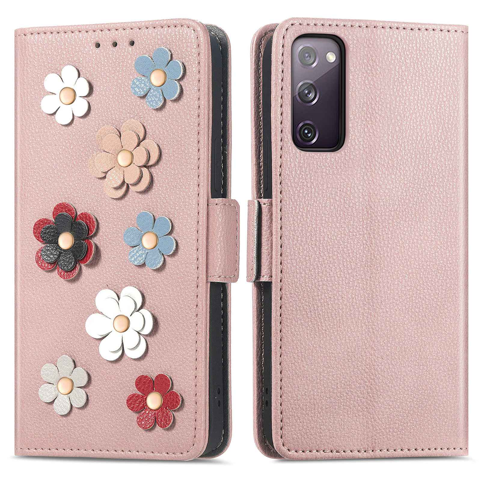 For Samsung Galaxy S20 FE 4G / FE 5G / S20 Lite / S20 FE 2022 Impact Resistant PU Leather Stand Wallet 3D Flower Decor Phone Case Magnetic Clasp Inner TPU Cover - Rose Gold