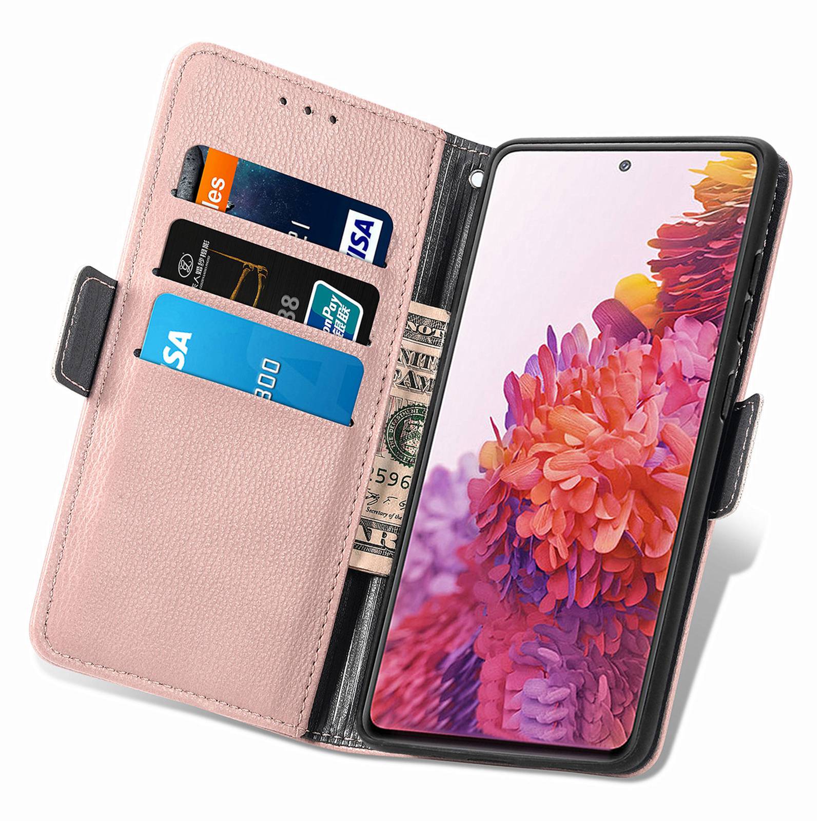 For Samsung Galaxy S20 FE 4G / FE 5G / S20 Lite / S20 FE 2022 Impact Resistant PU Leather Stand Wallet 3D Flower Decor Phone Case Magnetic Clasp Inner TPU Cover - Rose Gold