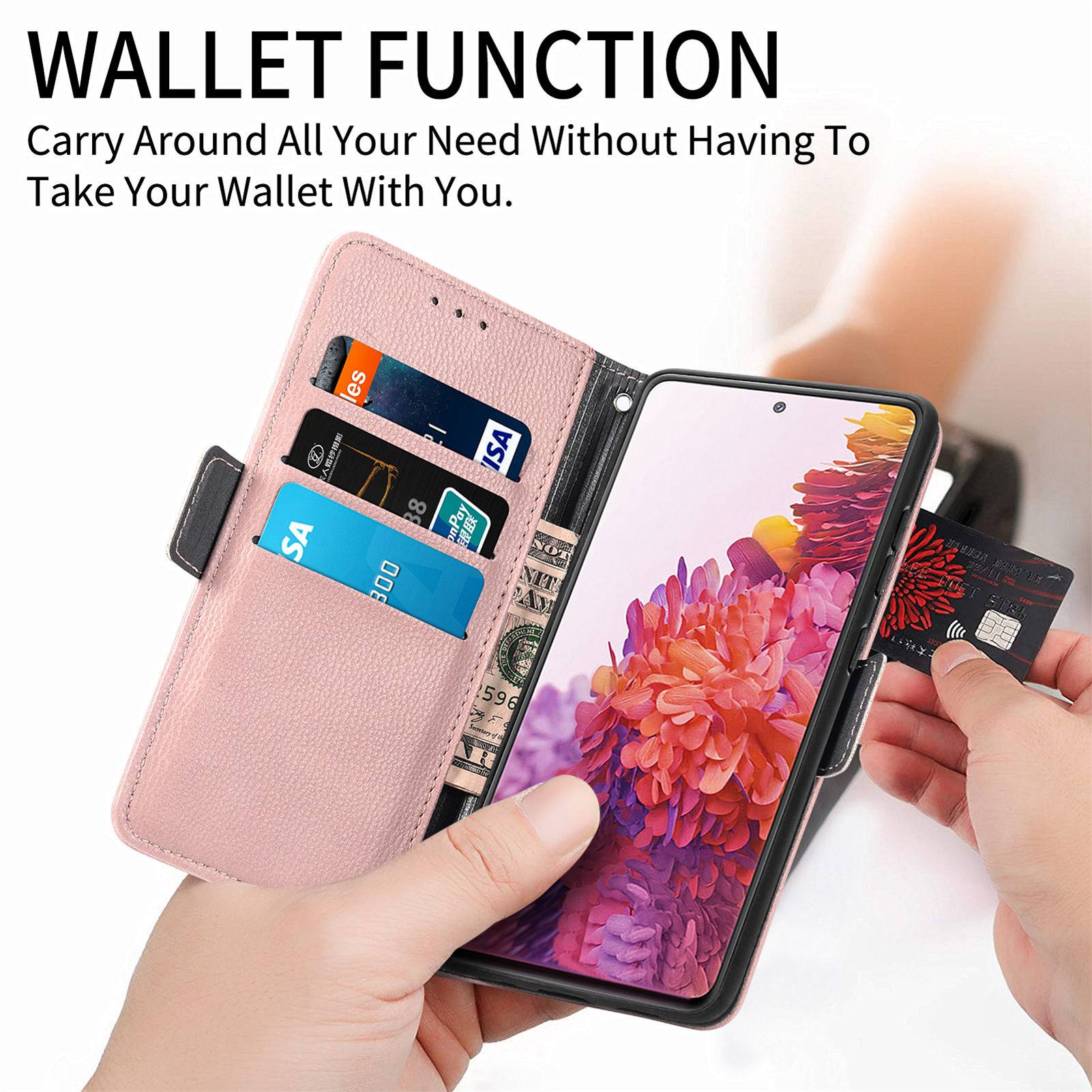 For Samsung Galaxy S20 FE 4G / FE 5G / S20 Lite / S20 FE 2022 Impact Resistant PU Leather Stand Wallet 3D Flower Decor Phone Case Magnetic Clasp Inner TPU Cover - Rose Gold