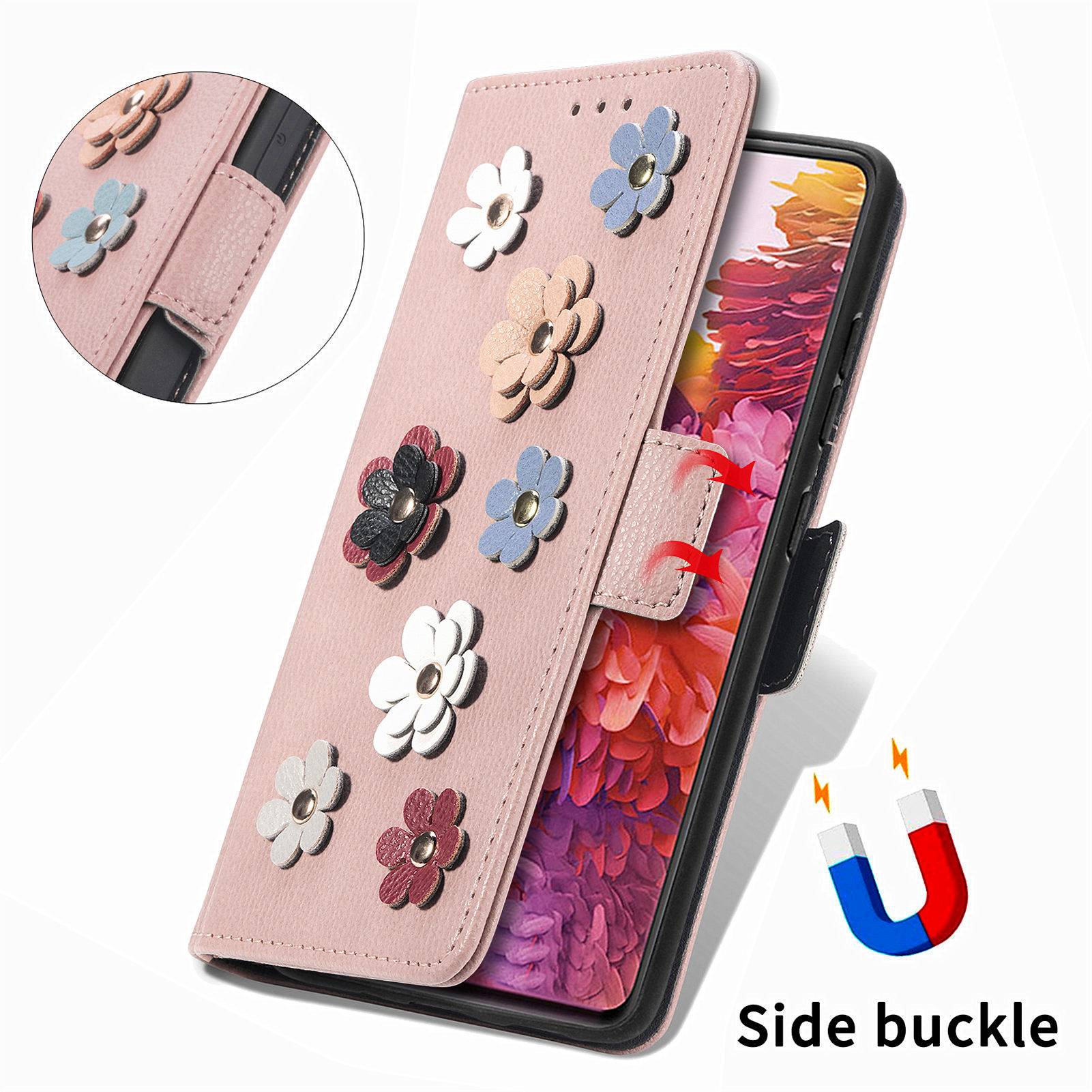 For Samsung Galaxy S20 FE 4G / FE 5G / S20 Lite / S20 FE 2022 Impact Resistant PU Leather Stand Wallet 3D Flower Decor Phone Case Magnetic Clasp Inner TPU Cover - Rose Gold