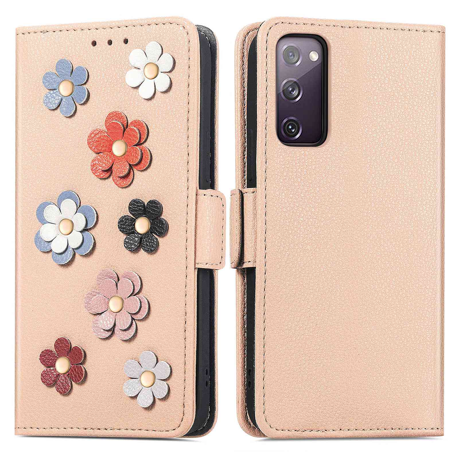 For Samsung Galaxy S20 FE 4G / FE 5G / S20 Lite / S20 FE 2022 Impact Resistant PU Leather Stand Wallet 3D Flower Decor Phone Case Magnetic Clasp Inner TPU Cover - Khaki