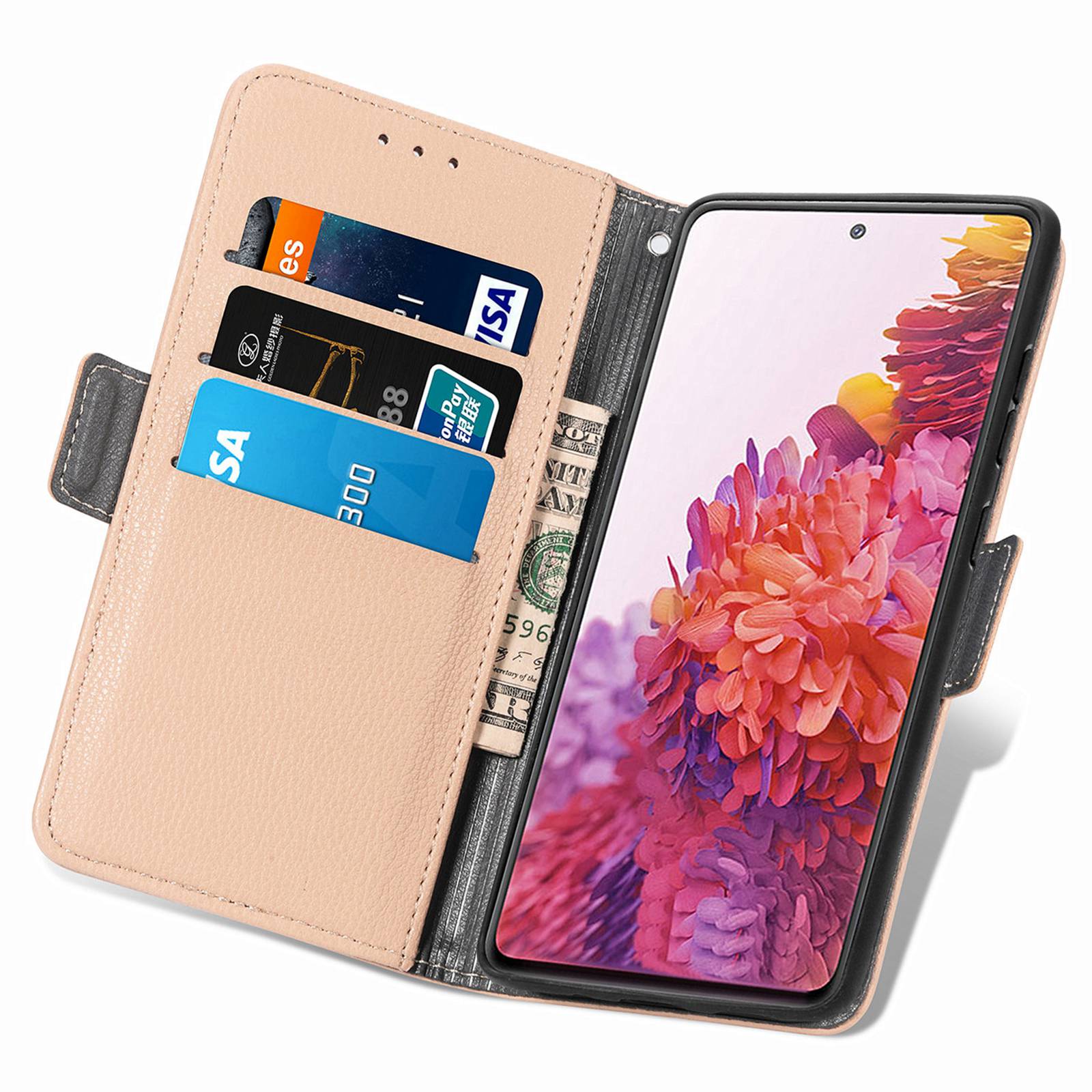 For Samsung Galaxy S20 FE 4G / FE 5G / S20 Lite / S20 FE 2022 Impact Resistant PU Leather Stand Wallet 3D Flower Decor Phone Case Magnetic Clasp Inner TPU Cover - Khaki