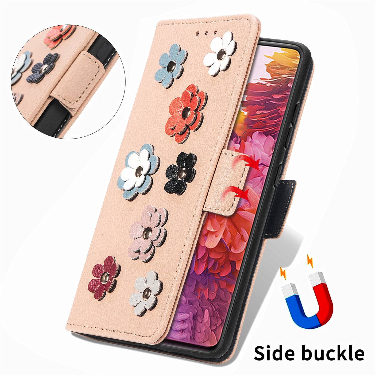 For Samsung Galaxy S20 FE 4G / FE 5G / S20 Lite / S20 FE 2022 Impact Resistant PU Leather Stand Wallet 3D Flower Decor Phone Case Magnetic Clasp Inner TPU Cover - Khaki