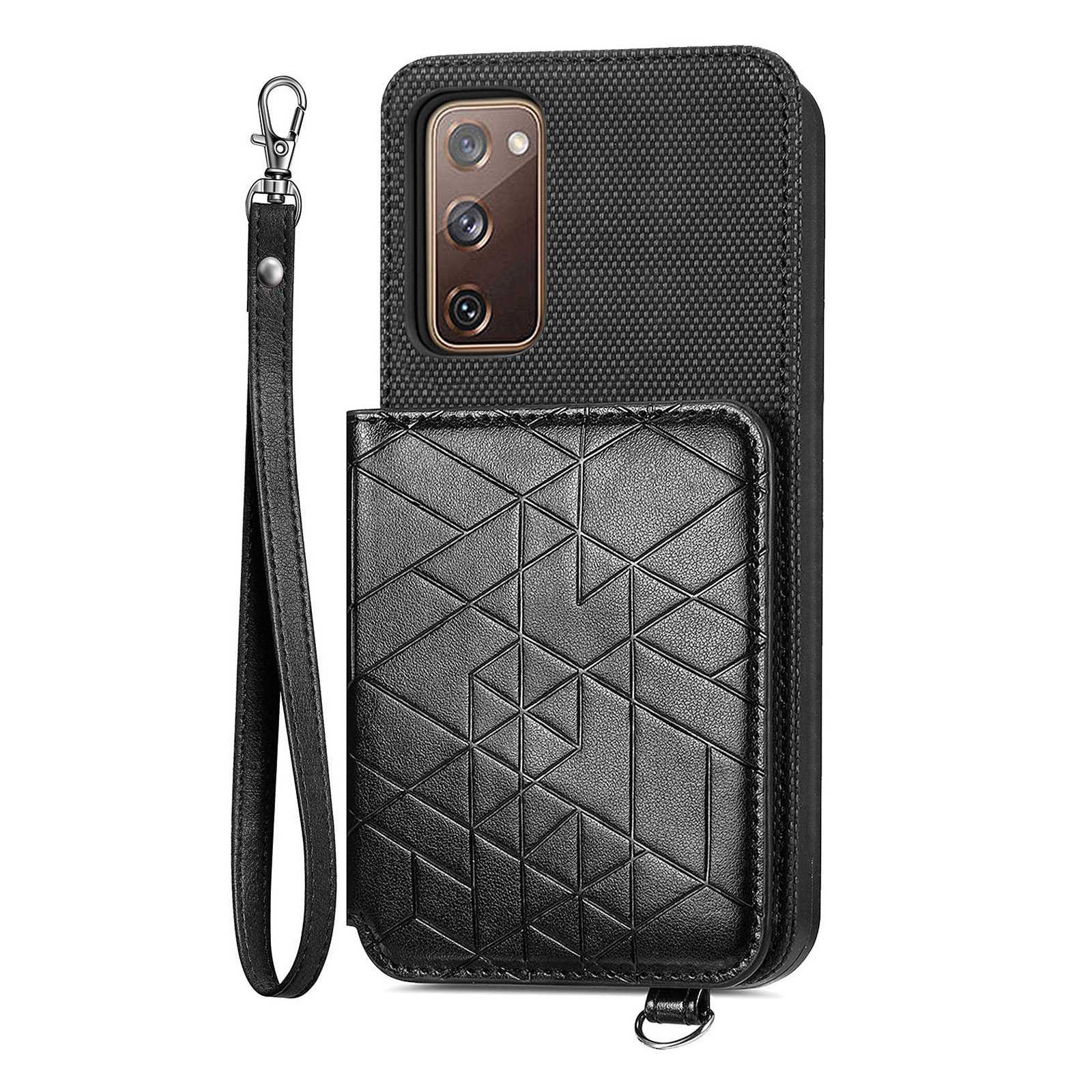 For Samsung Galaxy S20 FE / S20 FE 5G / S20 FE 2022 / S20 Lite Leather Coated TPU Case Kickstand Geometry Imprinted Wallet Cover - Black