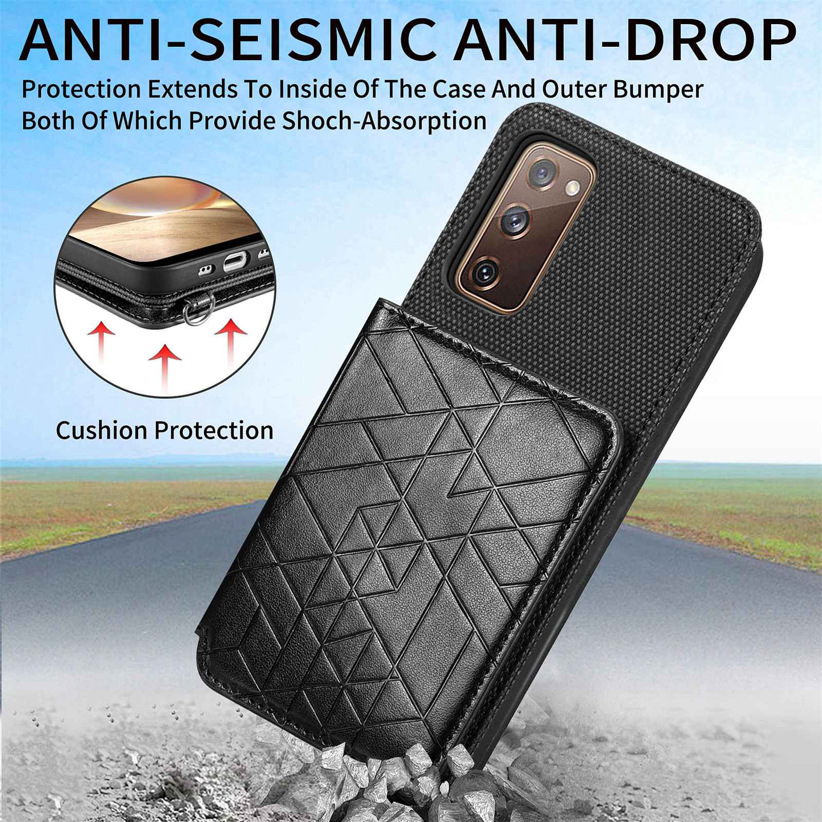 For Samsung Galaxy S20 FE / S20 FE 5G / S20 FE 2022 / S20 Lite Leather Coated TPU Case Kickstand Geometry Imprinted Wallet Cover - Black