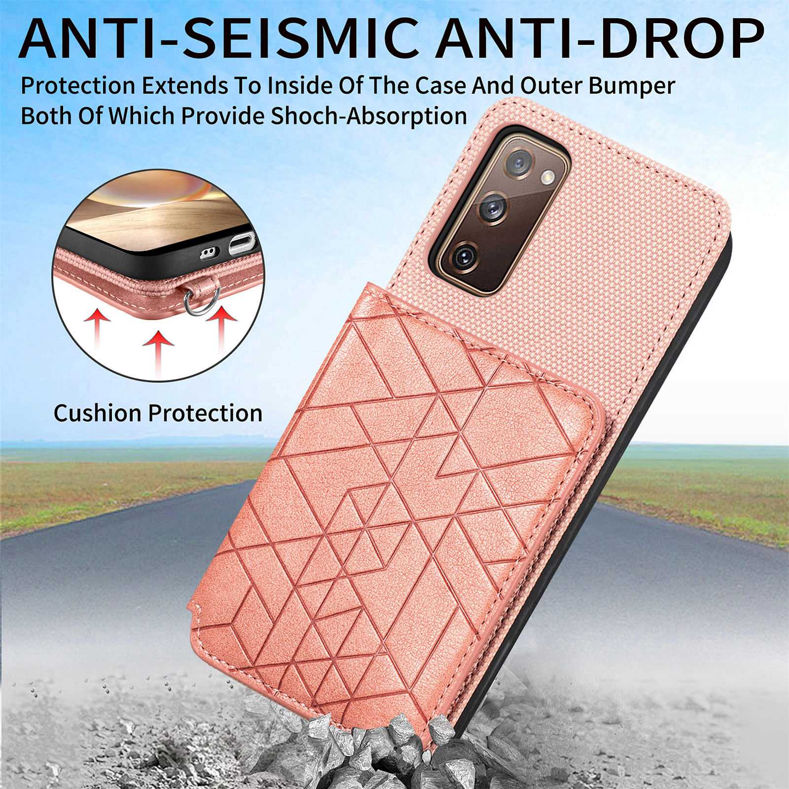 For Samsung Galaxy S20 FE / S20 FE 5G / S20 FE 2022 / S20 Lite Leather Coated TPU Case Kickstand Geometry Imprinted Wallet Cover - Rose Gold