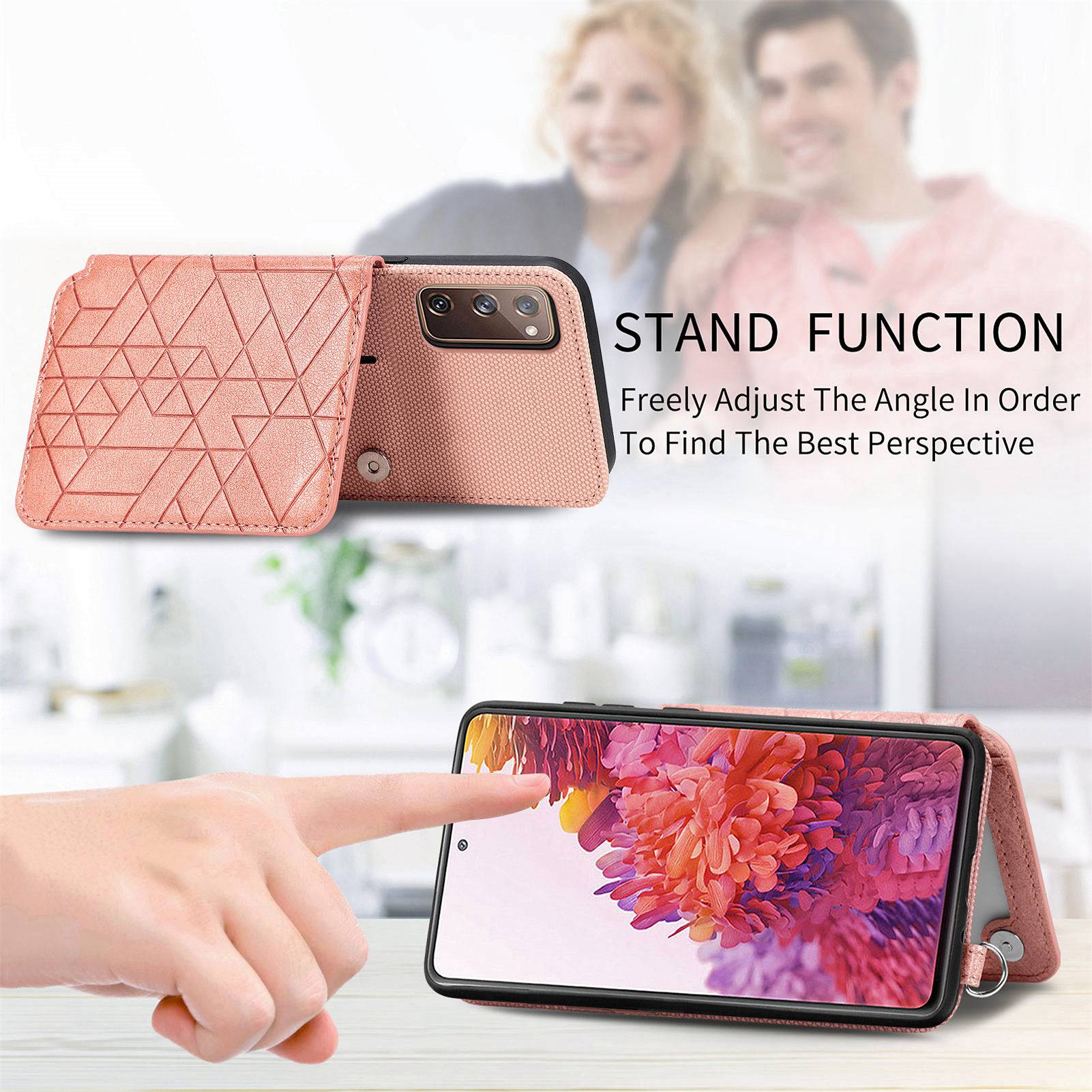 For Samsung Galaxy S20 FE / S20 FE 5G / S20 FE 2022 / S20 Lite Leather Coated TPU Case Kickstand Geometry Imprinted Wallet Cover - Rose Gold