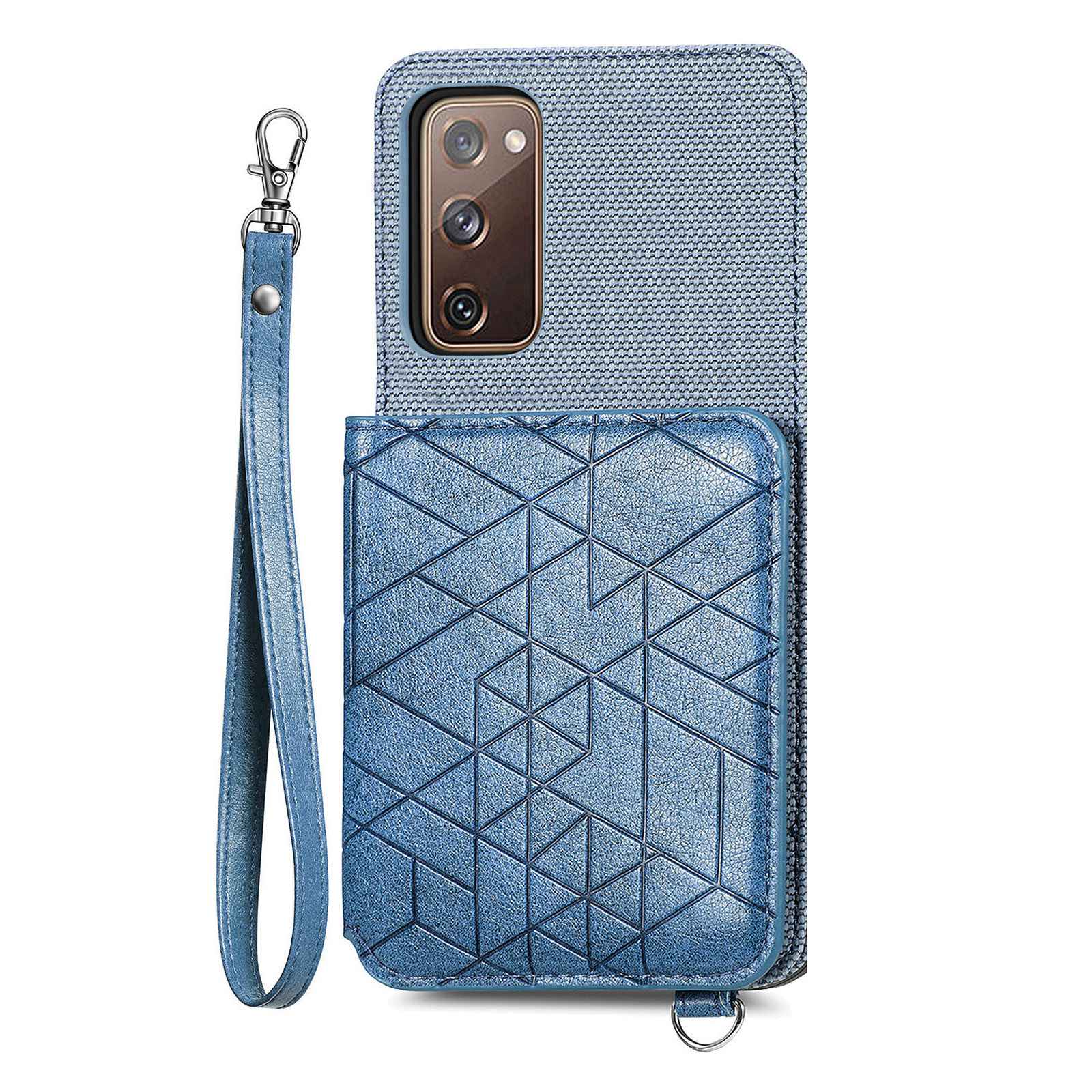 For Samsung Galaxy S20 FE / S20 FE 5G / S20 FE 2022 / S20 Lite Leather Coated TPU Case Kickstand Geometry Imprinted Wallet Cover - Blue