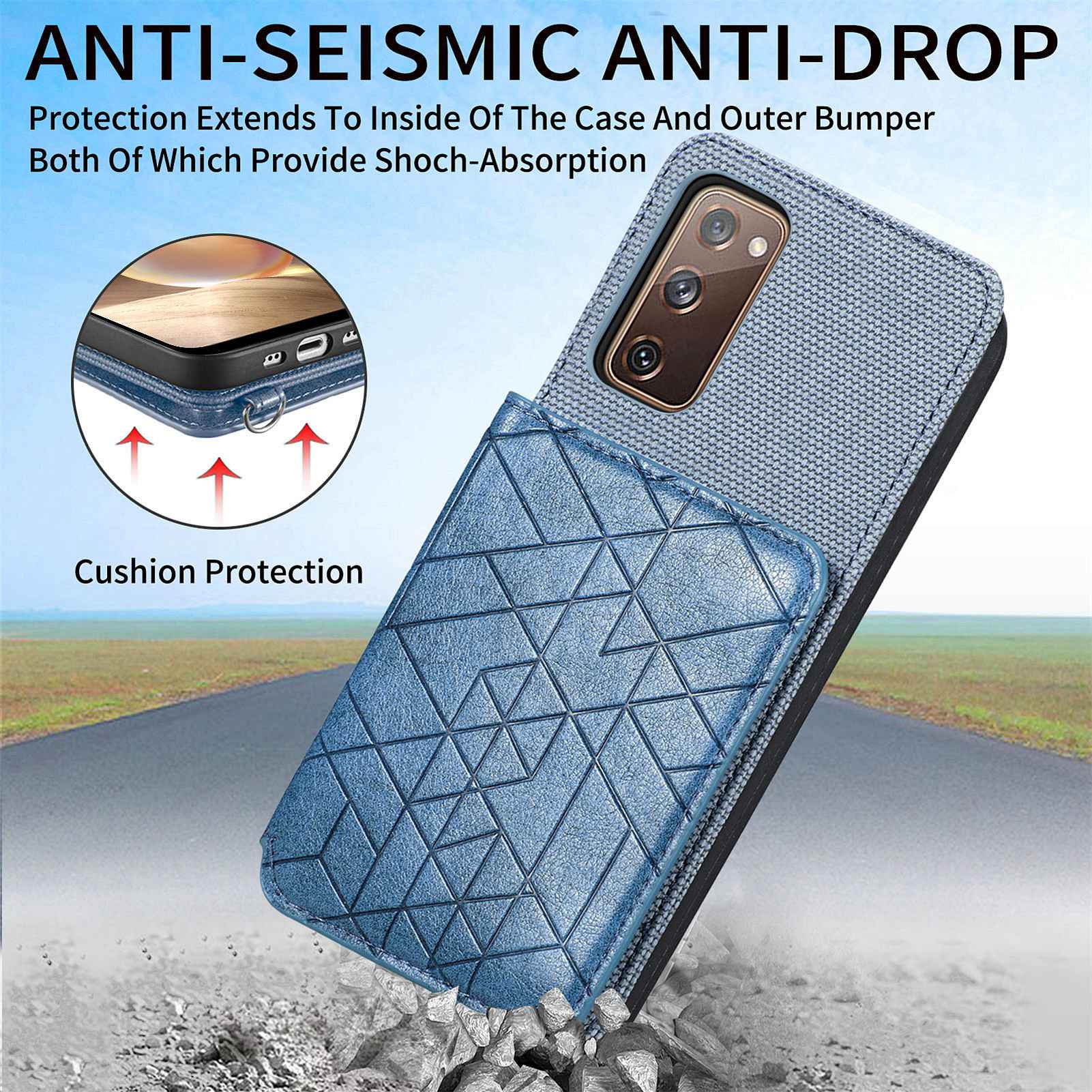 For Samsung Galaxy S20 FE / S20 FE 5G / S20 FE 2022 / S20 Lite Leather Coated TPU Case Kickstand Geometry Imprinted Wallet Cover - Blue