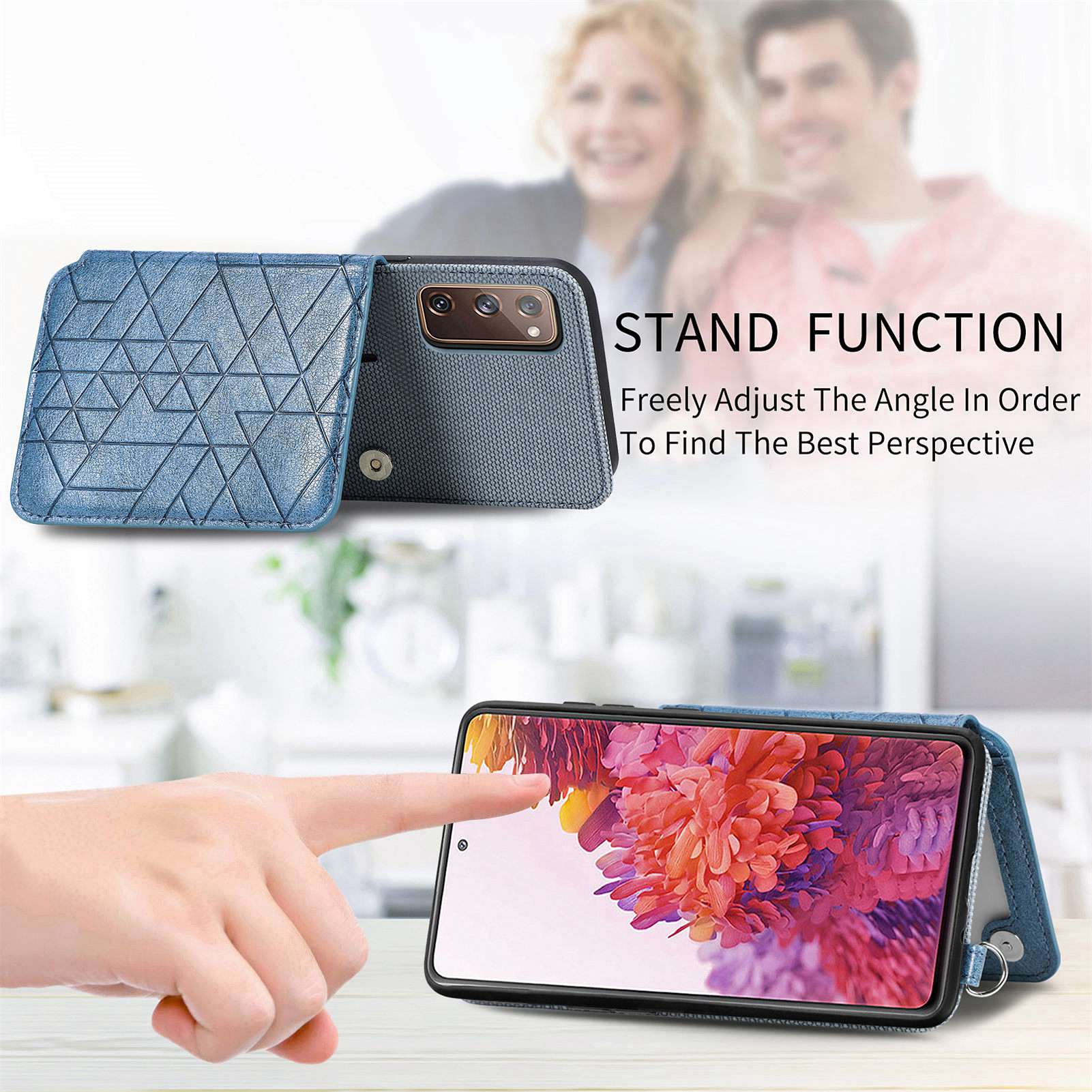 For Samsung Galaxy S20 FE / S20 FE 5G / S20 FE 2022 / S20 Lite Leather Coated TPU Case Kickstand Geometry Imprinted Wallet Cover - Blue