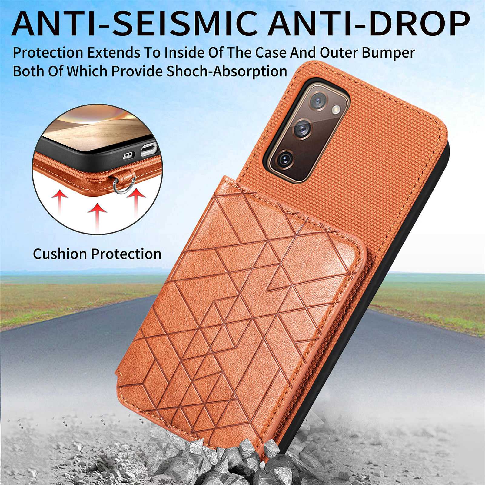 For Samsung Galaxy S20 FE / S20 FE 5G / S20 FE 2022 / S20 Lite Leather Coated TPU Case Kickstand Geometry Imprinted Wallet Cover - Brown