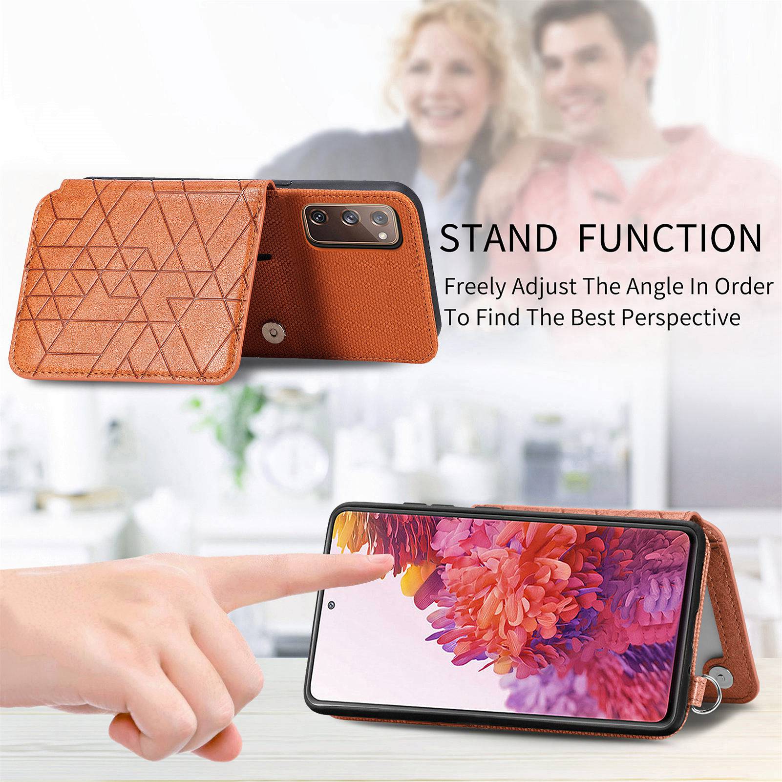 For Samsung Galaxy S20 FE / S20 FE 5G / S20 FE 2022 / S20 Lite Leather Coated TPU Case Kickstand Geometry Imprinted Wallet Cover - Brown