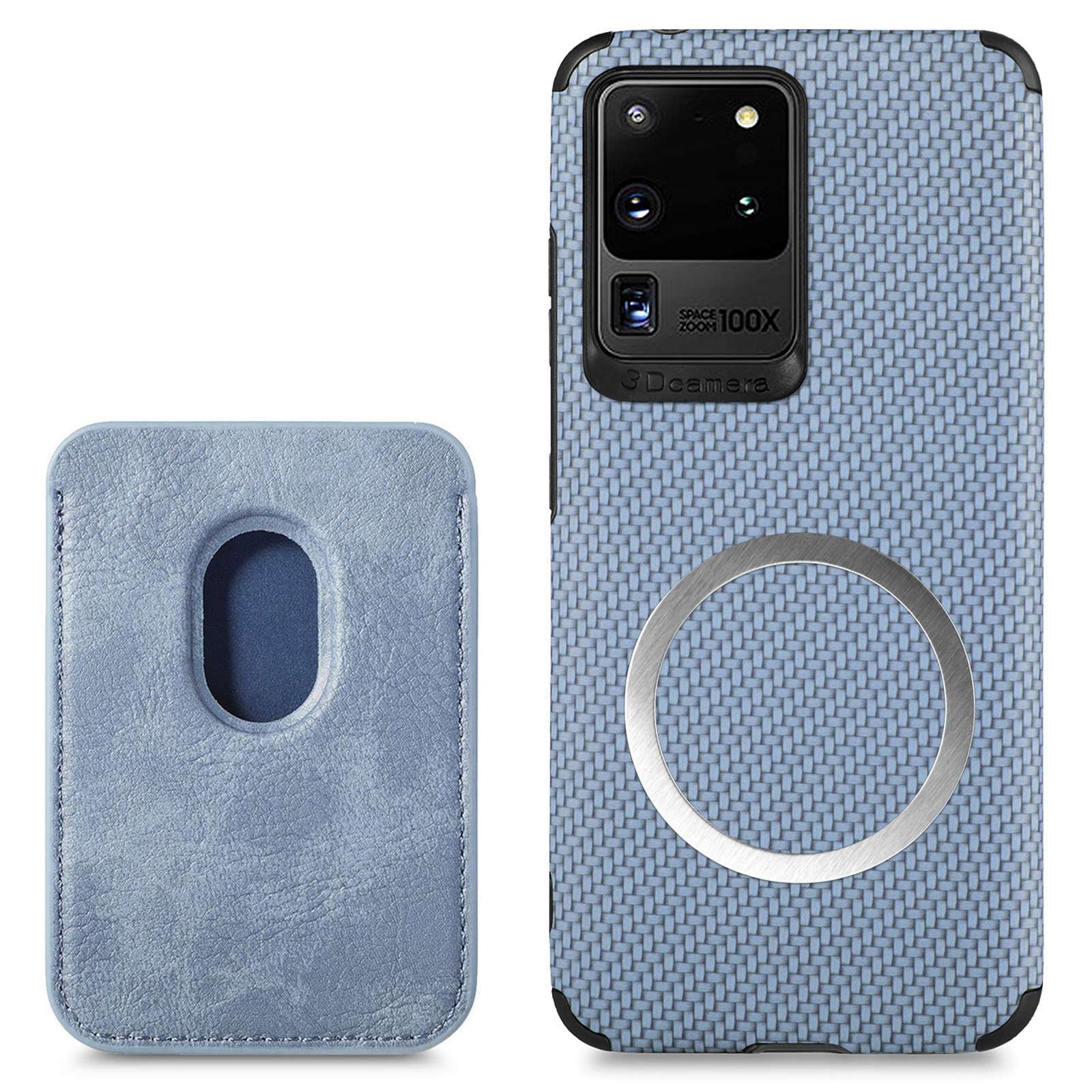 For Samsung Galaxy S20 Ultra 4G / 5G Carbon Fiber Texture 2-in-1 Detachable Back Case PU Leather + TPU + PVC Magnetic Cover with Card Holder - Blue