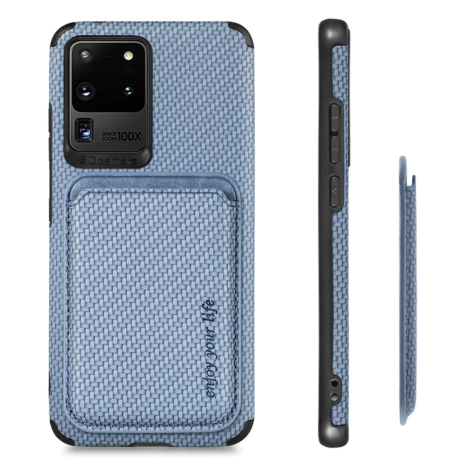 For Samsung Galaxy S20 Ultra 4G / 5G Carbon Fiber Texture 2-in-1 Detachable Back Case PU Leather + TPU + PVC Magnetic Cover with Card Holder - Blue