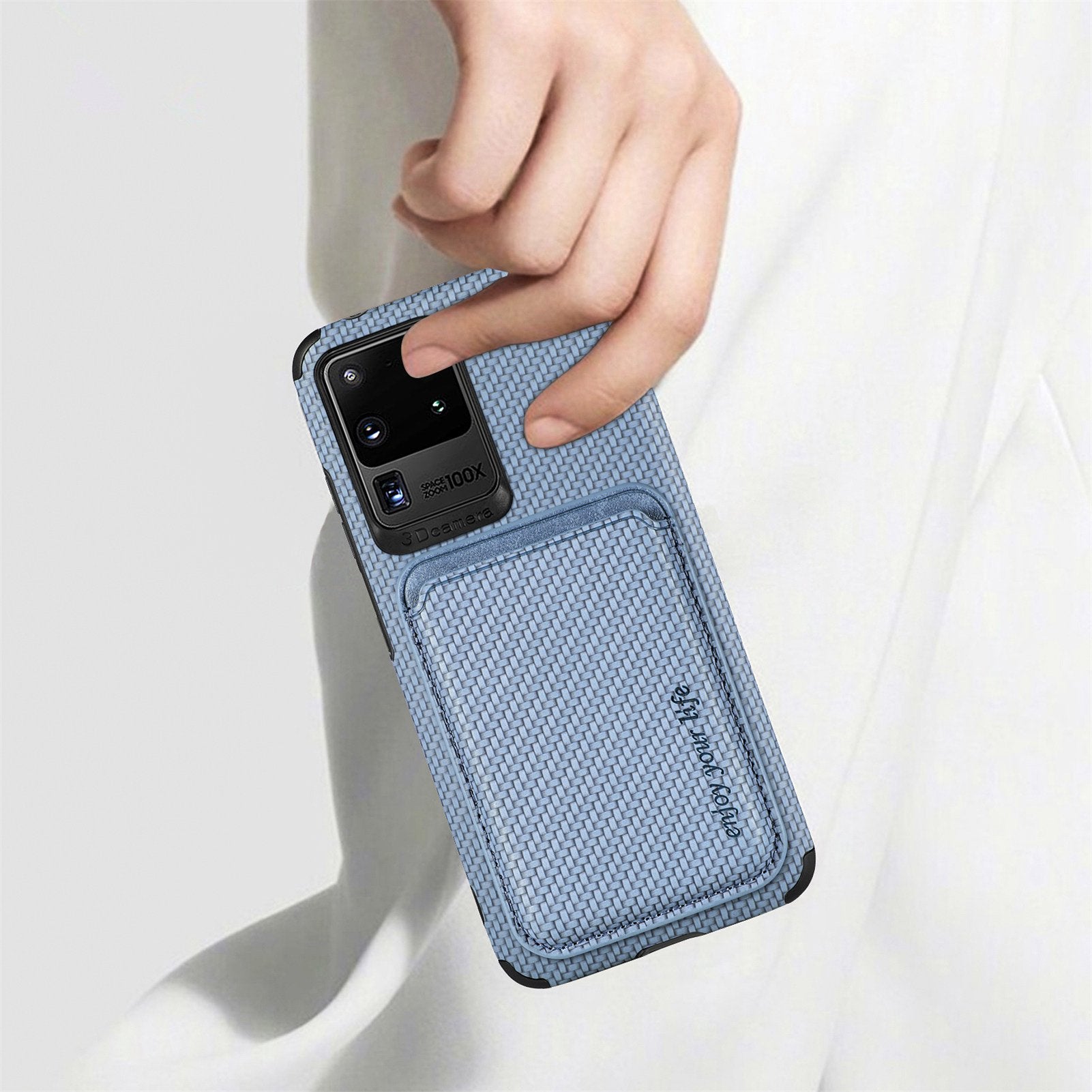 For Samsung Galaxy S20 Ultra 4G / 5G Carbon Fiber Texture 2-in-1 Detachable Back Case PU Leather + TPU + PVC Magnetic Cover with Card Holder - Blue