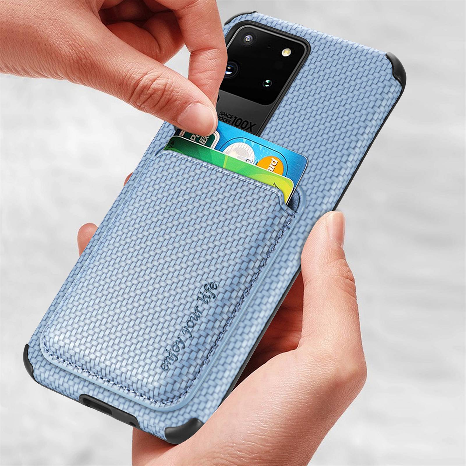 For Samsung Galaxy S20 Ultra 4G / 5G Carbon Fiber Texture 2-in-1 Detachable Back Case PU Leather + TPU + PVC Magnetic Cover with Card Holder - Blue