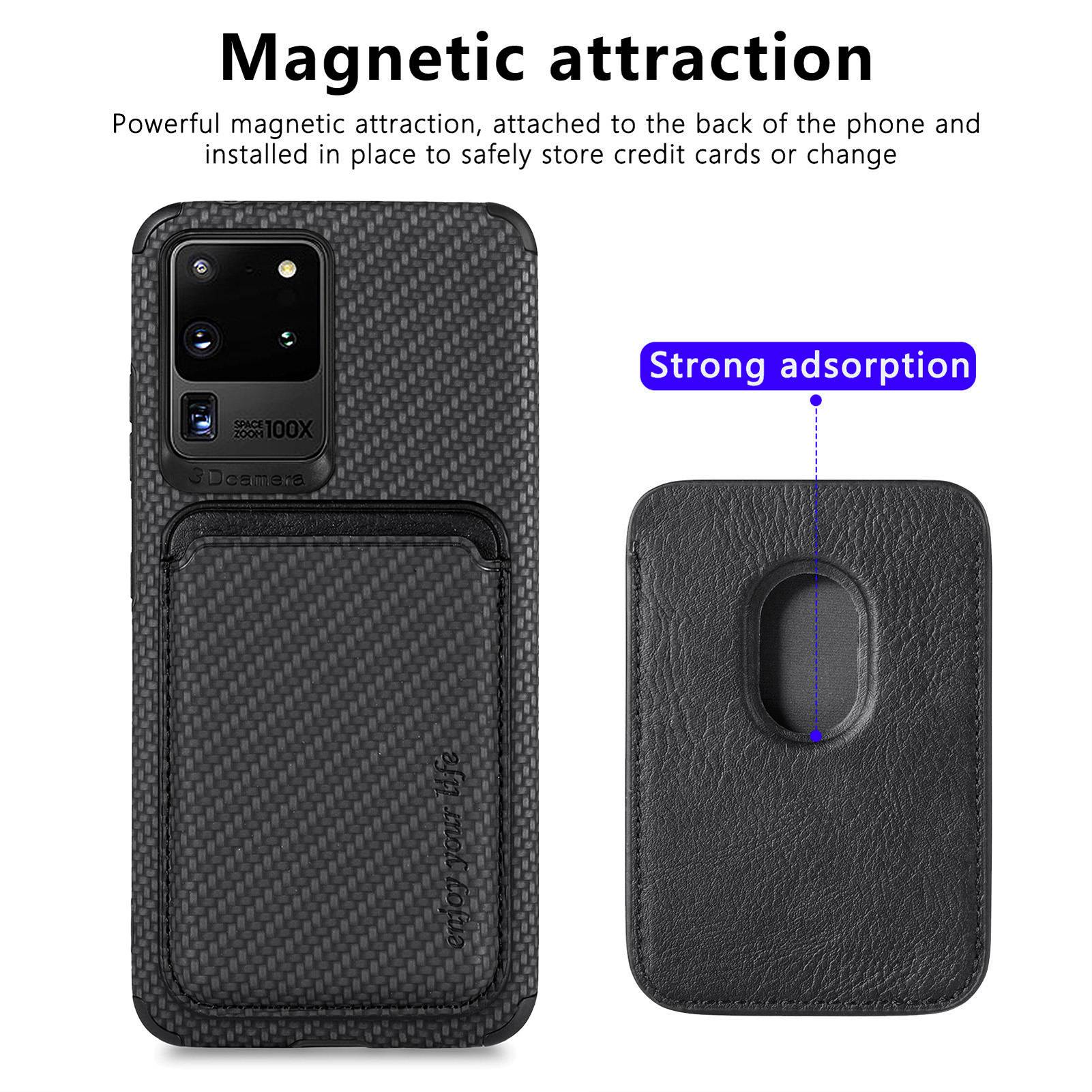 For Samsung Galaxy S20 Ultra 4G / 5G Carbon Fiber Texture 2-in-1 Detachable Back Case PU Leather + TPU + PVC Magnetic Cover with Card Holder - Black